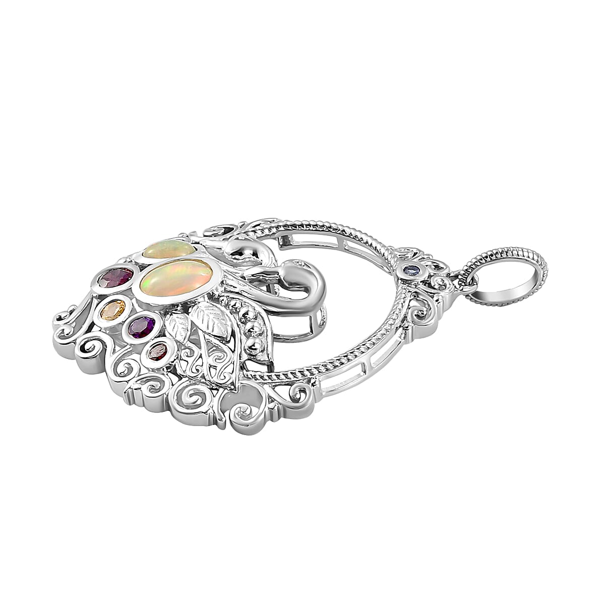 GP - Ethiopian Welo Opal and Multi Gemstones Pendant in Platinum Overlay Sterling Silver 1.72 Ct, Silver Wt. 10.83 Gms