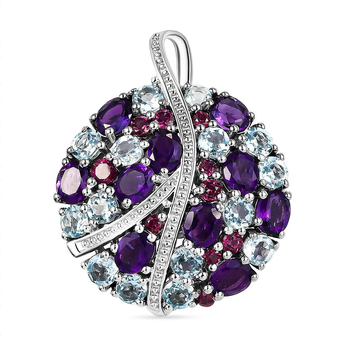 GP - Amethyst, Rhodolite Garnet, Blue Sapphire and Skyblue Topaz Pendant in Platinum Overlay Sterling Silver 7.26 Ct, Silver Wt. 5.21 Gms
