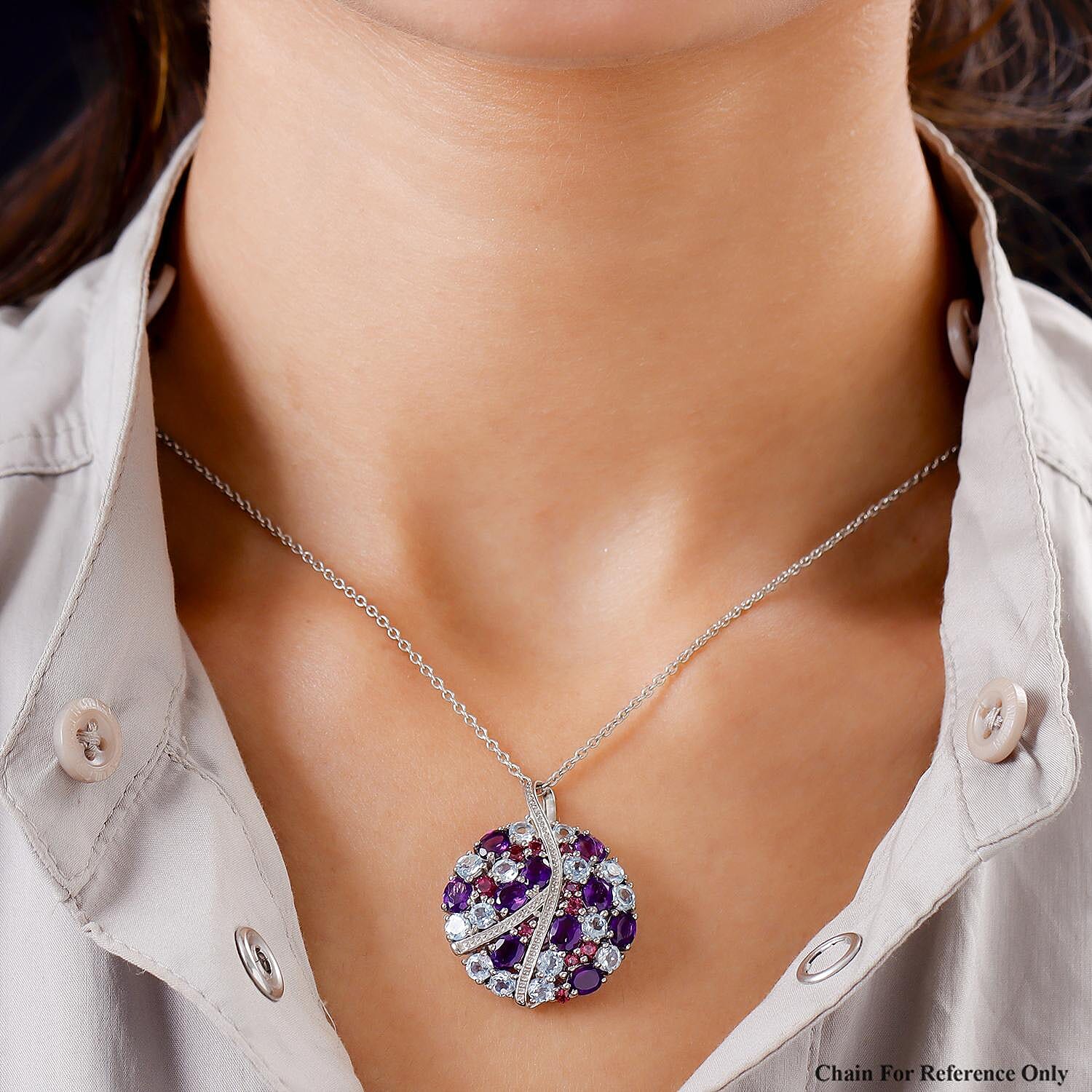 GP - Amethyst, Rhodolite Garnet, Blue Sapphire and Skyblue Topaz Pendant in Platinum Overlay Sterling Silver 7.26 Ct, Silver Wt. 5.21 Gms