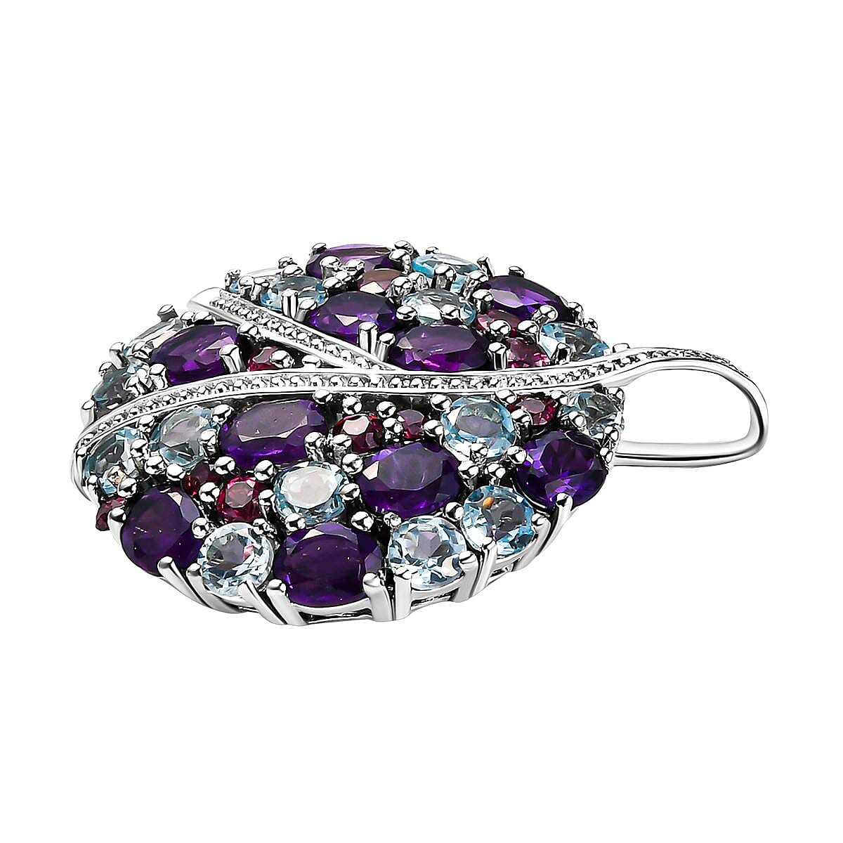 GP - Amethyst, Rhodolite Garnet, Blue Sapphire and Skyblue Topaz Pendant in Platinum Overlay Sterling Silver 7.26 Ct, Silver Wt. 5.21 Gms