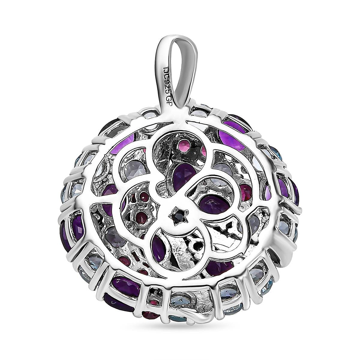 GP - Amethyst, Rhodolite Garnet, Blue Sapphire and Skyblue Topaz Pendant in Platinum Overlay Sterling Silver 7.26 Ct, Silver Wt. 5.21 Gms