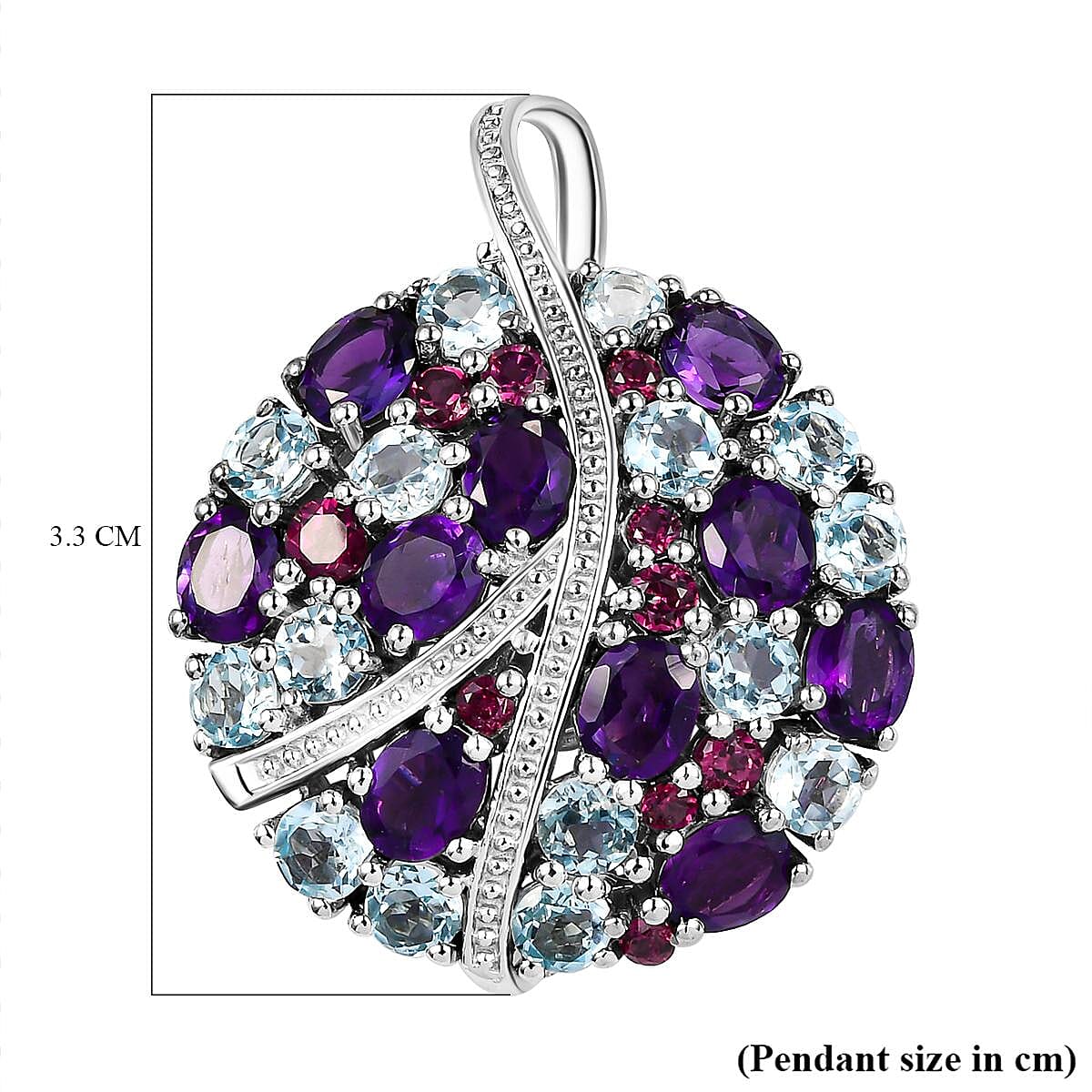 GP - Amethyst, Rhodolite Garnet, Blue Sapphire and Skyblue Topaz Pendant in Platinum Overlay Sterling Silver 7.26 Ct, Silver Wt. 5.21 Gms