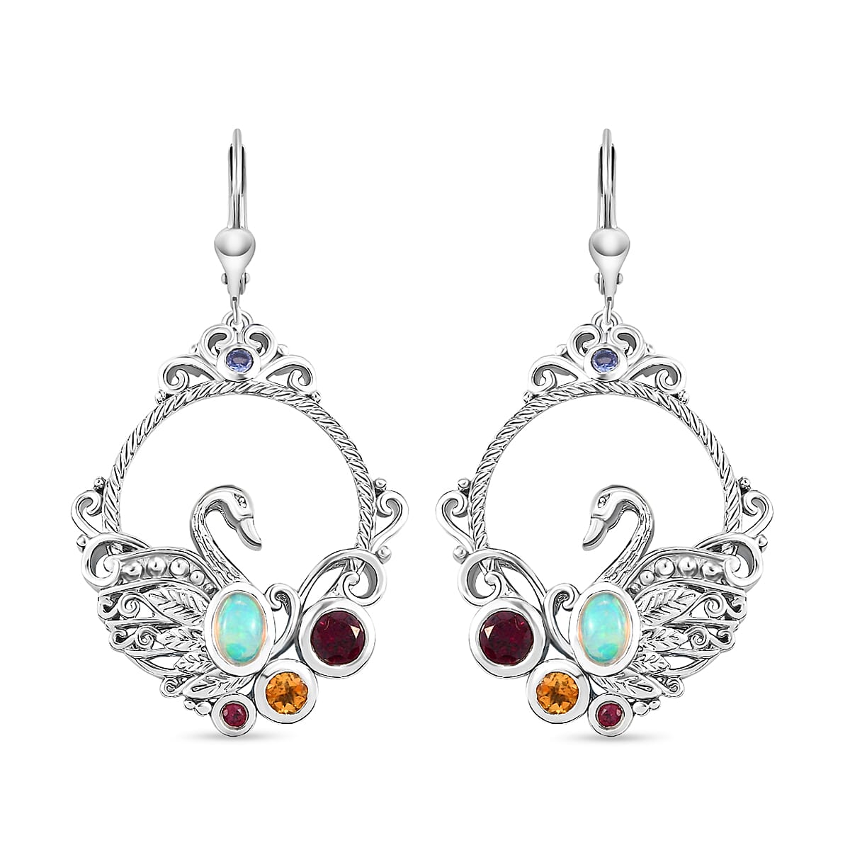 GP - Ethiopian Welo Opal and Multi Gemstones Dangling Lever Back Earrings in Platinum Overlay Sterling Silver 2.14 Ct, Silver Wt. 14.17 Gms