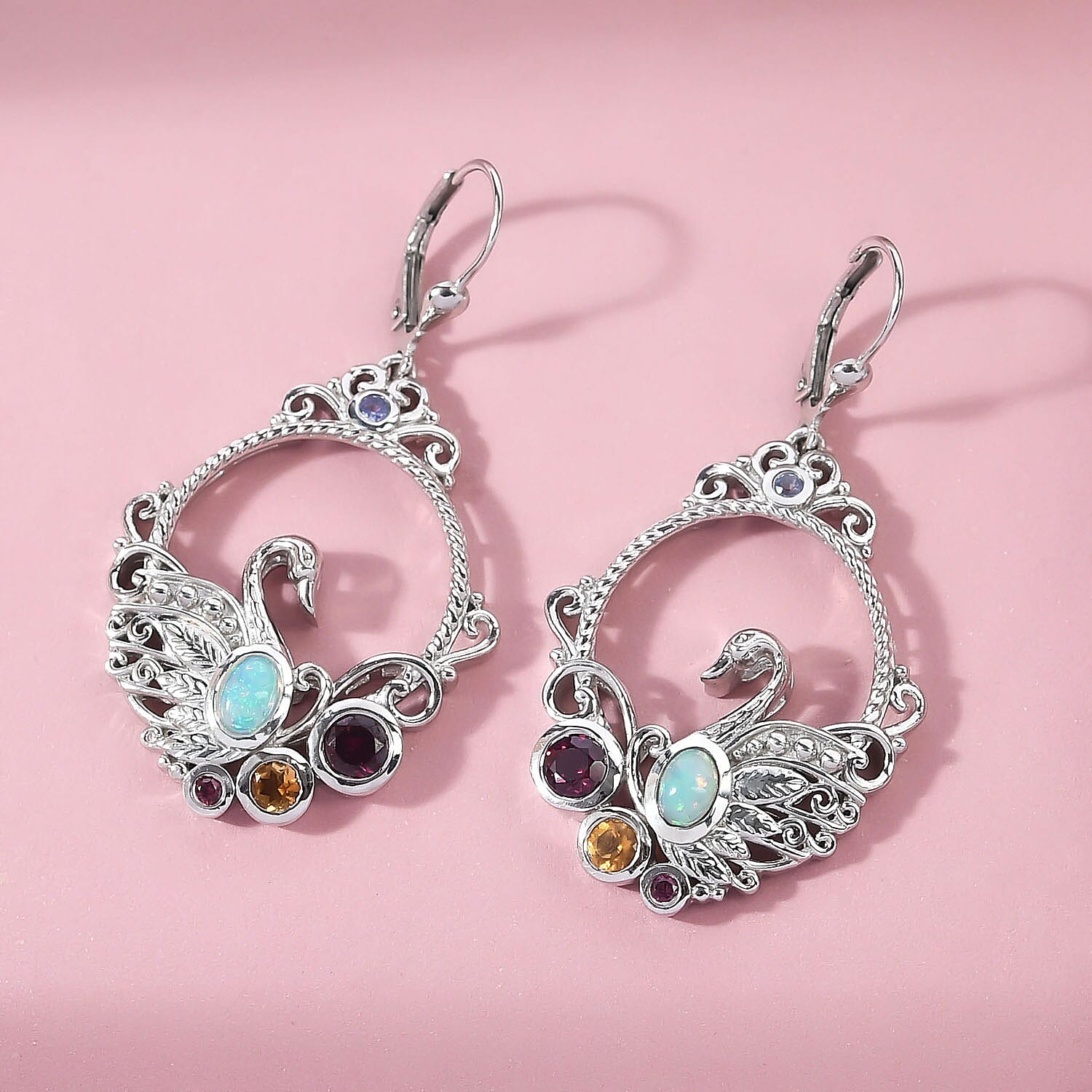 GP - Ethiopian Welo Opal and Multi Gemstones Dangling Lever Back Earrings in Platinum Overlay Sterling Silver 2.14 Ct, Silver Wt. 14.17 Gms