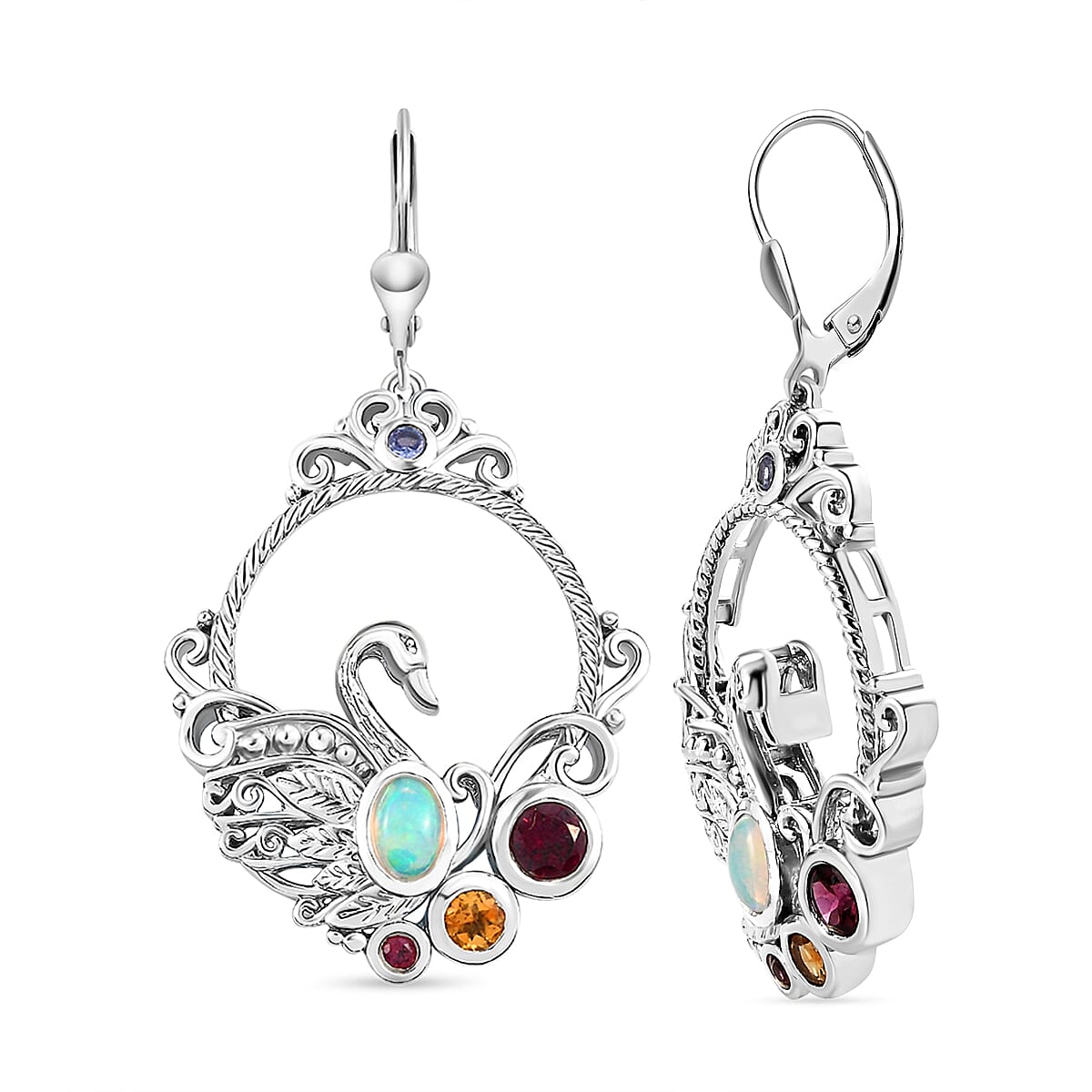 GP - Ethiopian Welo Opal and Multi Gemstones Dangling Lever Back Earrings in Platinum Overlay Sterling Silver 2.14 Ct, Silver Wt. 14.17 Gms