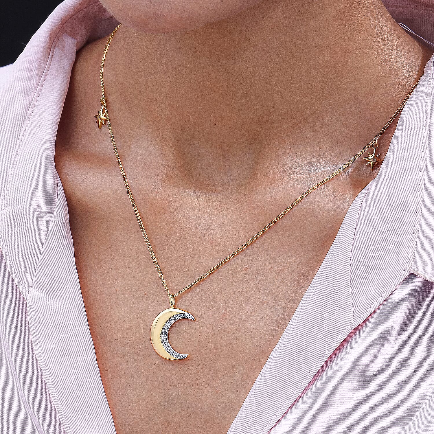Diamond Moon Necklace (Size - 20) in 18K Vermeil Yellow Gold Plated Sterling Silver  Wt. 5.54 Gms