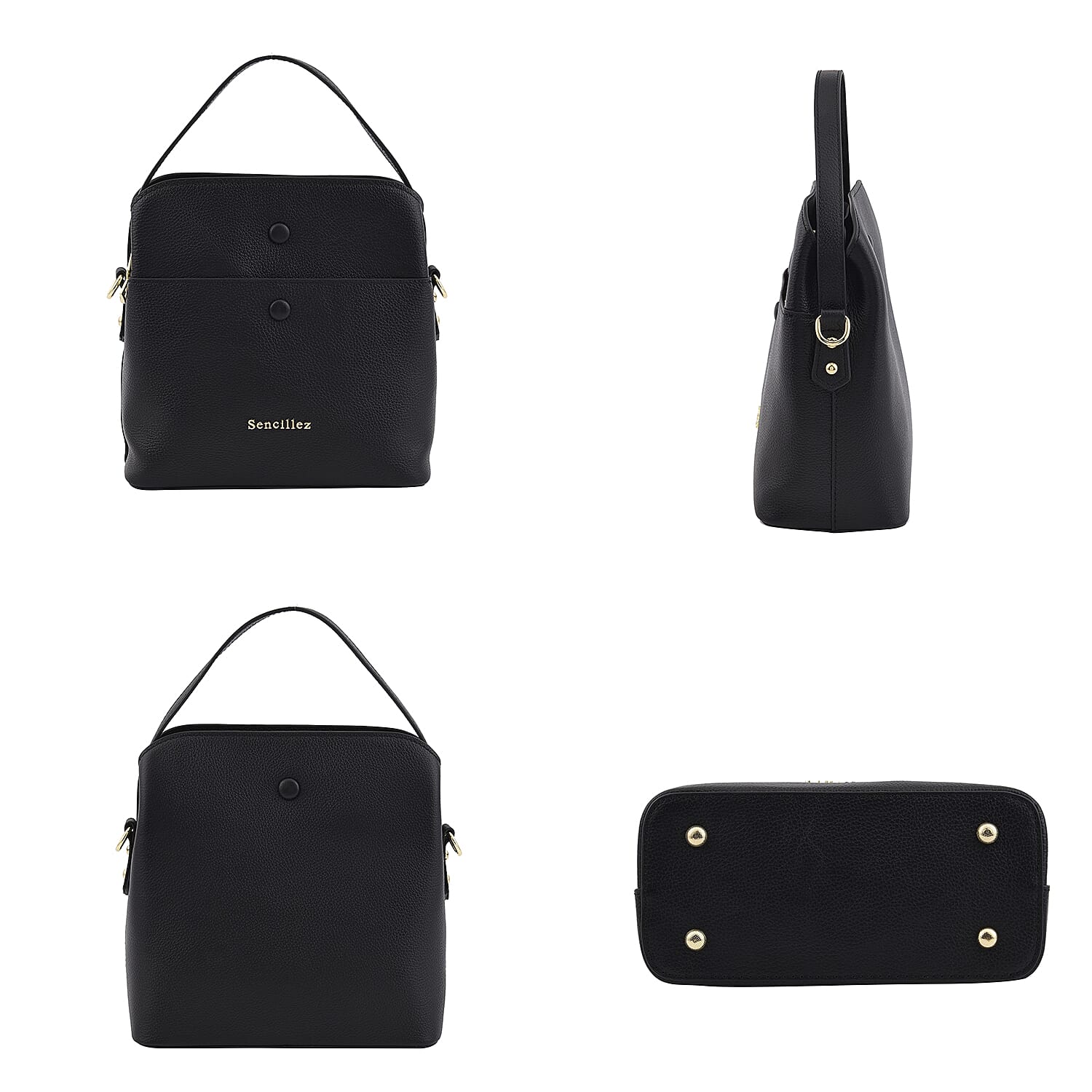 SENCILLEZ Genuine Leather Convertible Bag with Shoulder Strap - Black