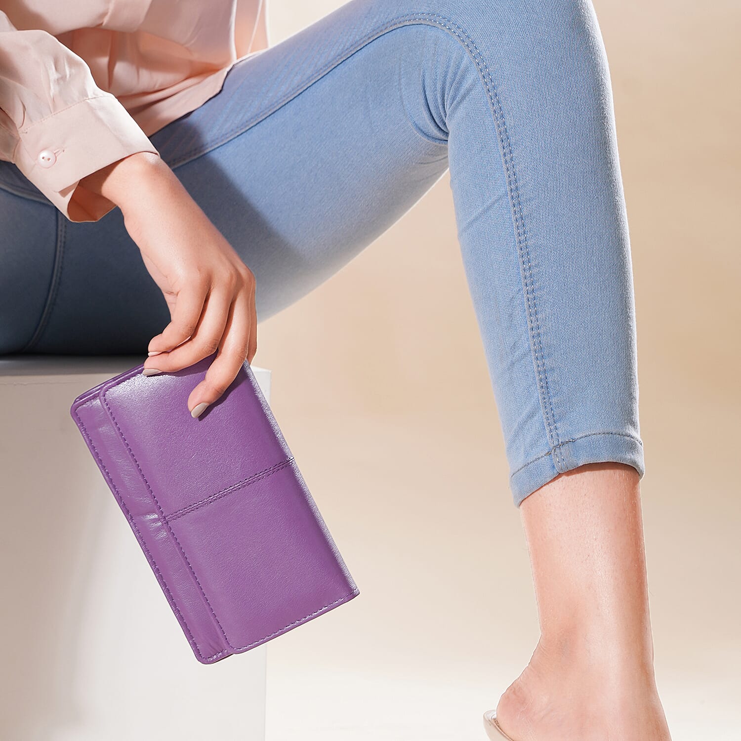 100% Genuine Leather RFID Protected Mobile Case Crossbody Wallet with Shoulder Strap (Size 19x11 Cm) - Purple