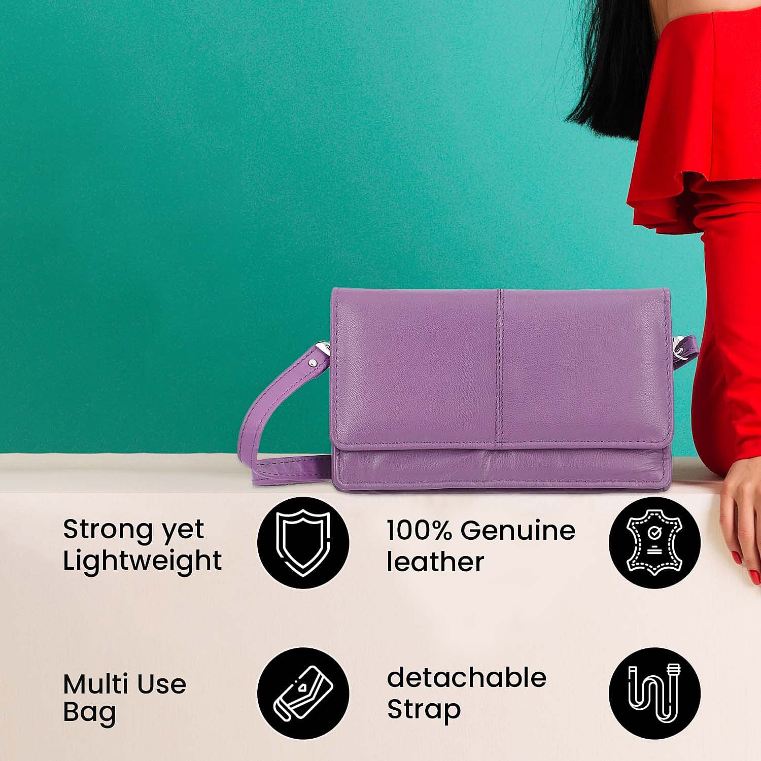 100% Genuine Leather RFID Protected Mobile Case Crossbody Wallet with Shoulder Strap (Size 19x11 Cm) - Purple