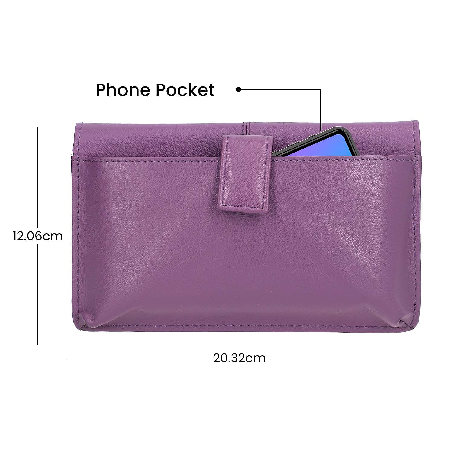 100% Genuine Leather RFID Protected Mobile Case Crossbody Wallet with Shoulder Strap (Size 19x11 Cm) - Purple