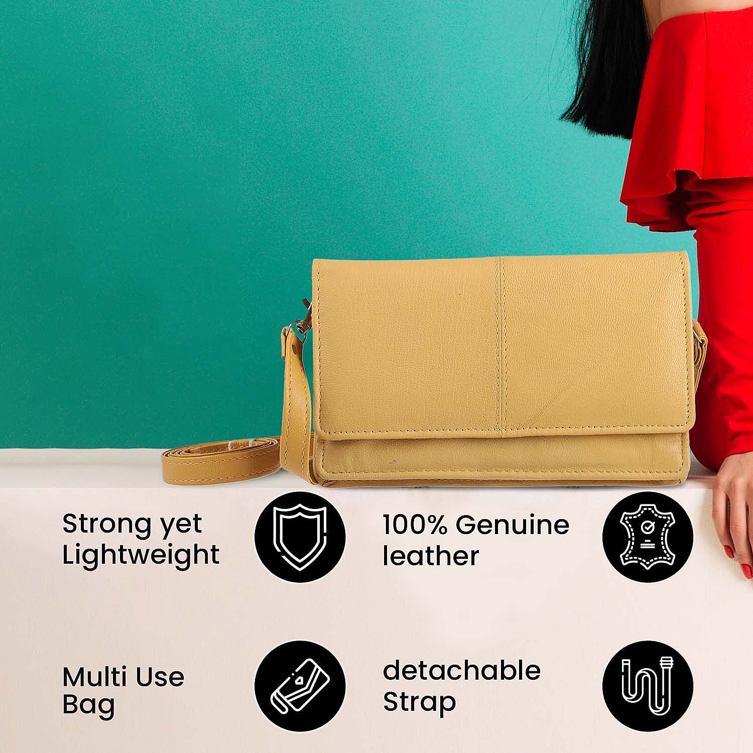 100% Genuine Leather RFID Protected Mobile Case Crossbody Wallet with Shoulder Strap (Size 19x11 Cm) - Mustard