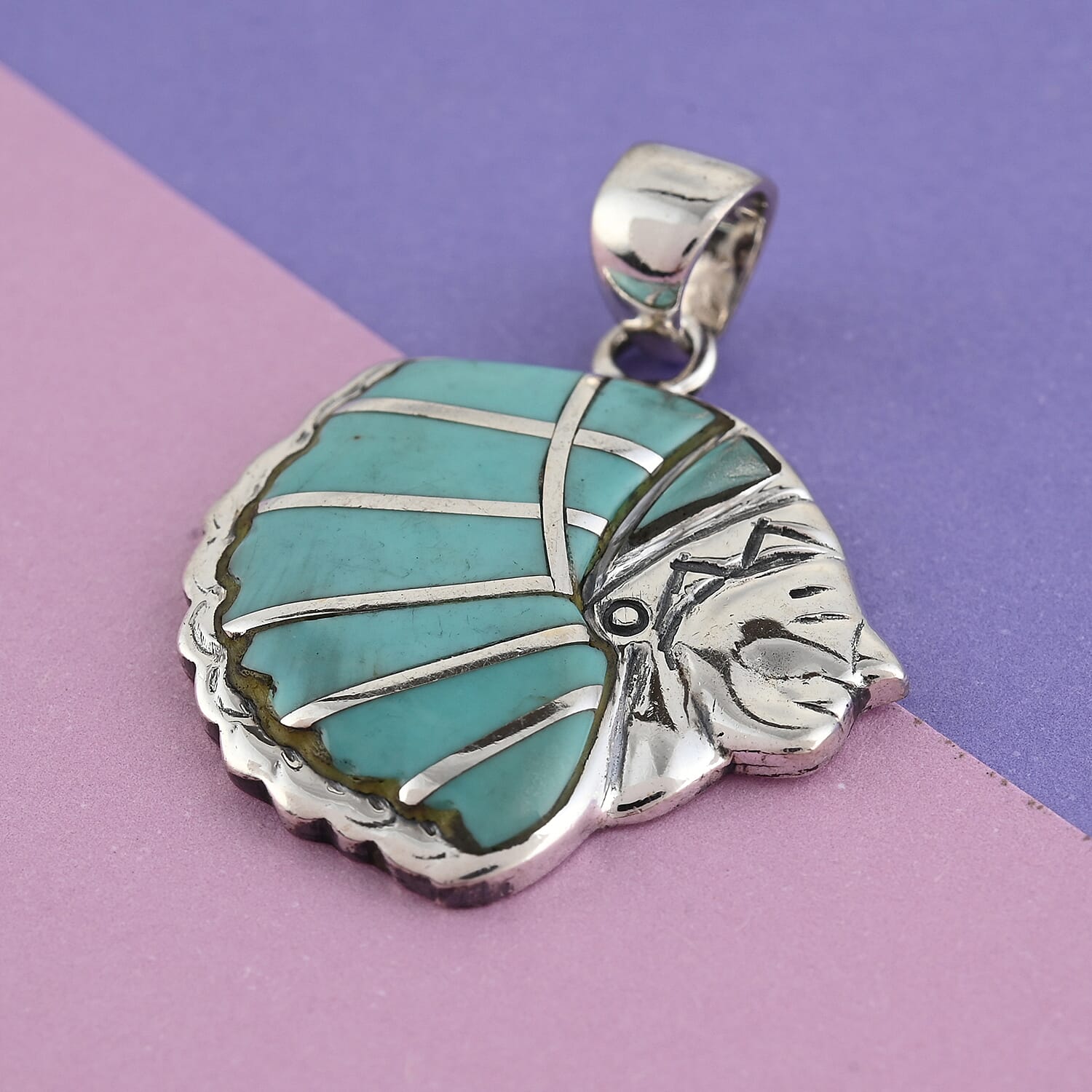 Santa Fe Collection - Turquoise Native Chief Face Pendant in Sterling Silver