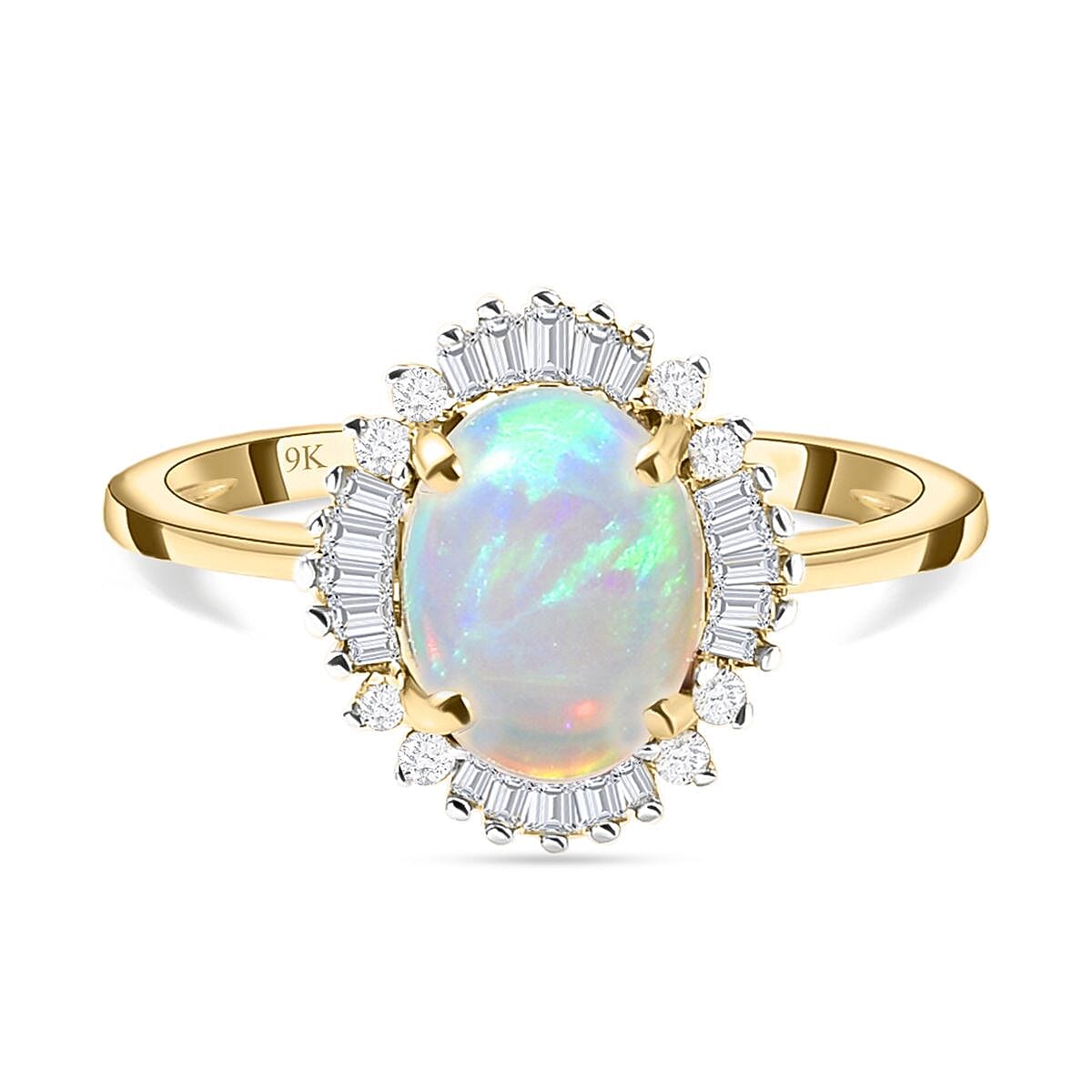 9K Yellow Gold Natural Australian Lightning Ridge Opal and Diamond Ring 1.06 Ct.