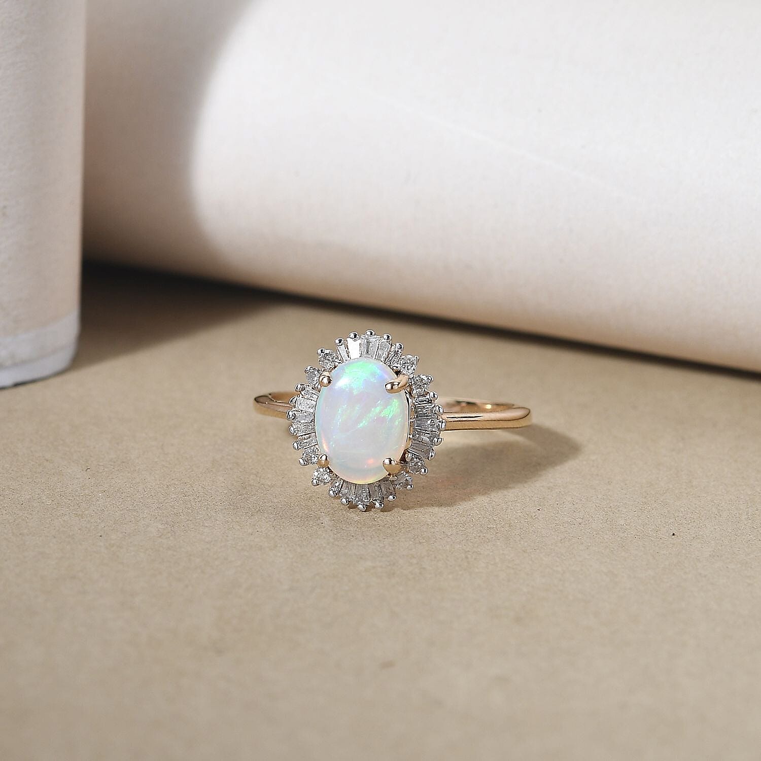 9K Yellow Gold Natural Australian Lightning Ridge Opal and Diamond Ring 1.06 Ct.