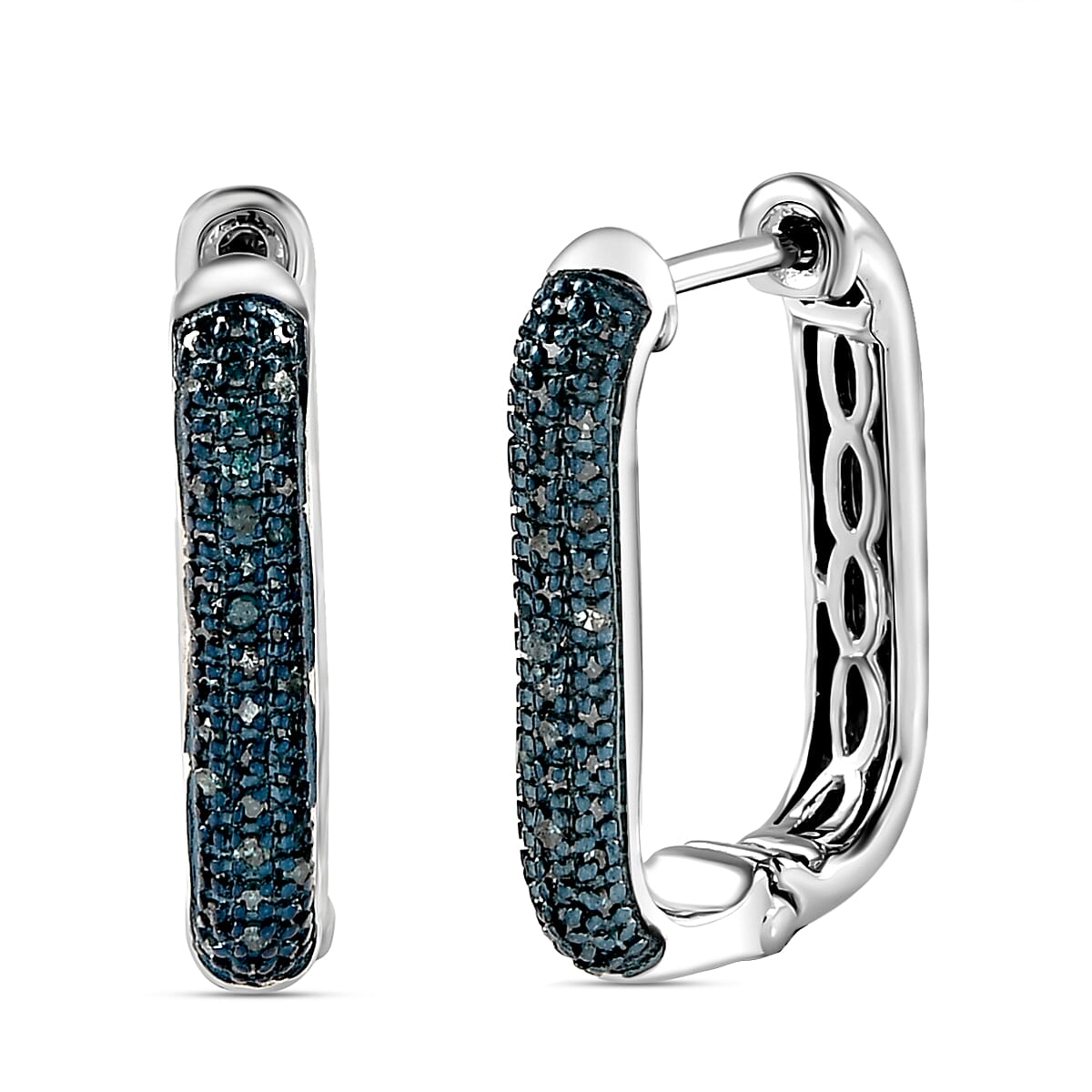 Blue Diamond Hoop Earrings with Clasp in Platinum Overlay Sterling Silver 0.48 Ct.
