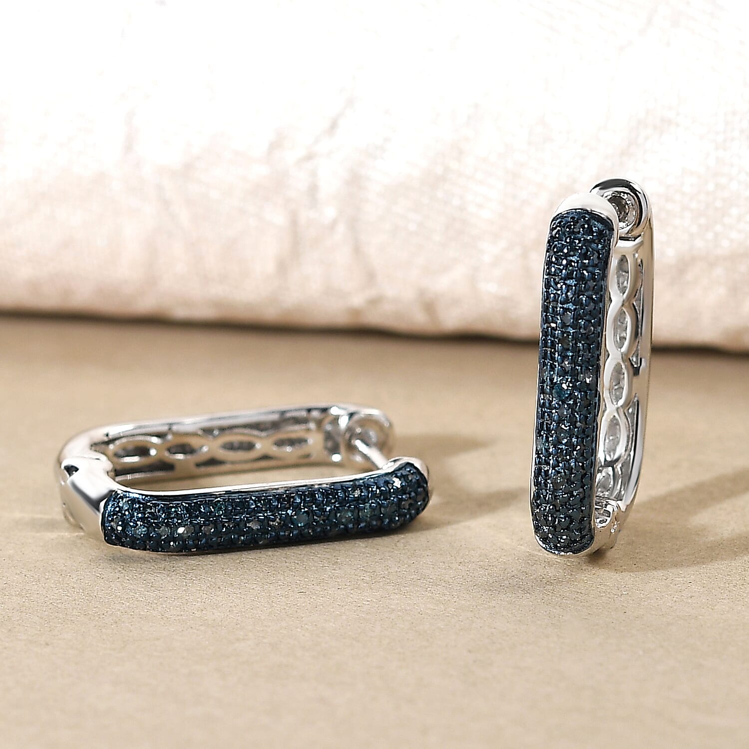 Blue Diamond Hoop Earrings with Clasp in Platinum Overlay Sterling Silver 0.48 Ct.