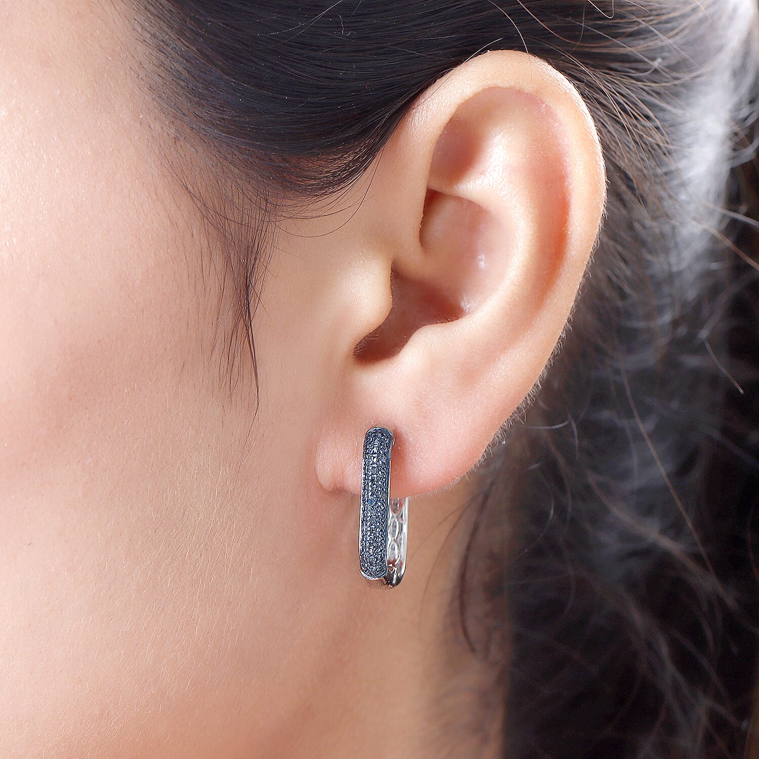 Blue Diamond Hoop Earrings with Clasp in Platinum Overlay Sterling Silver 0.48 Ct.