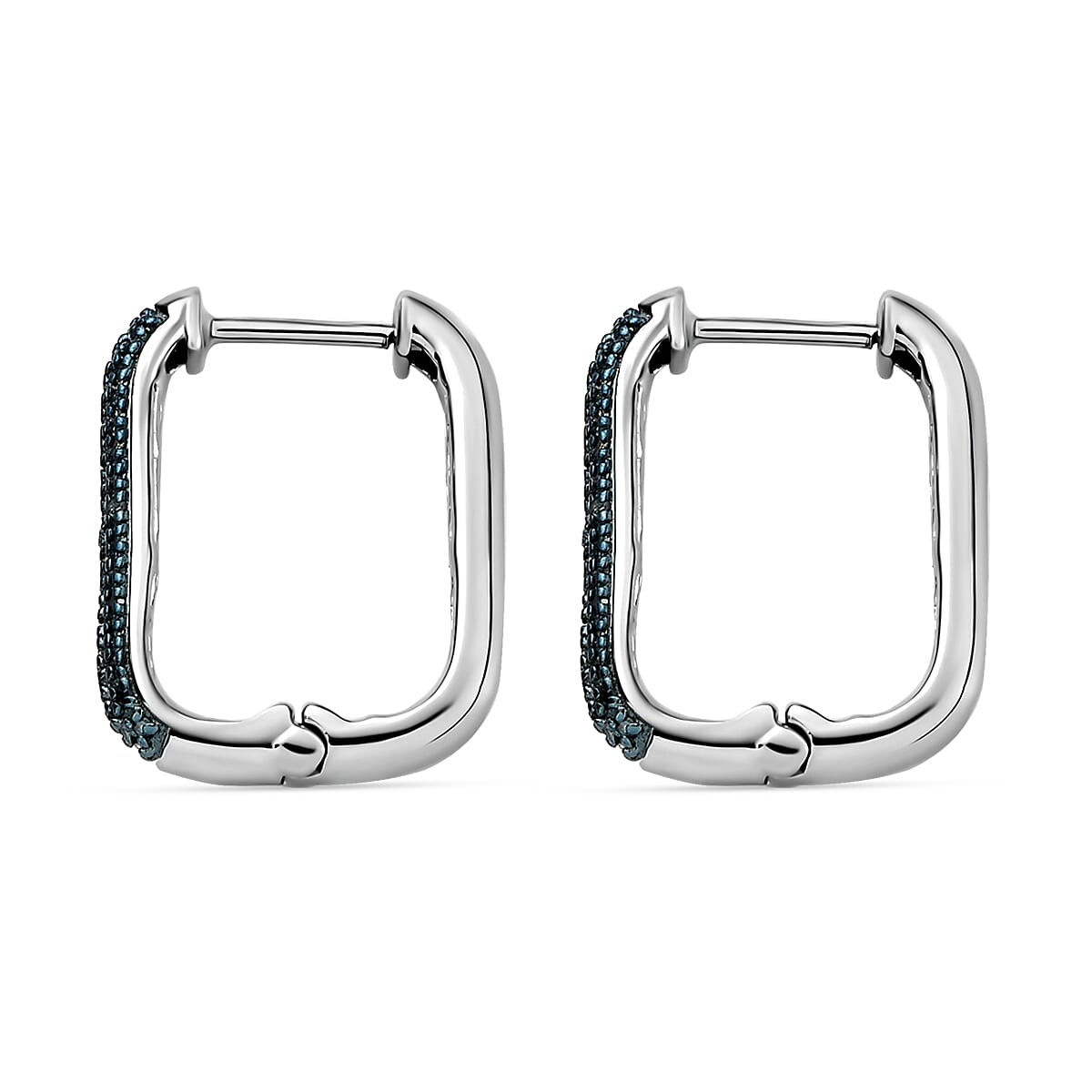 Blue Diamond Hoop Earrings with Clasp in Platinum Overlay Sterling Silver 0.48 Ct.