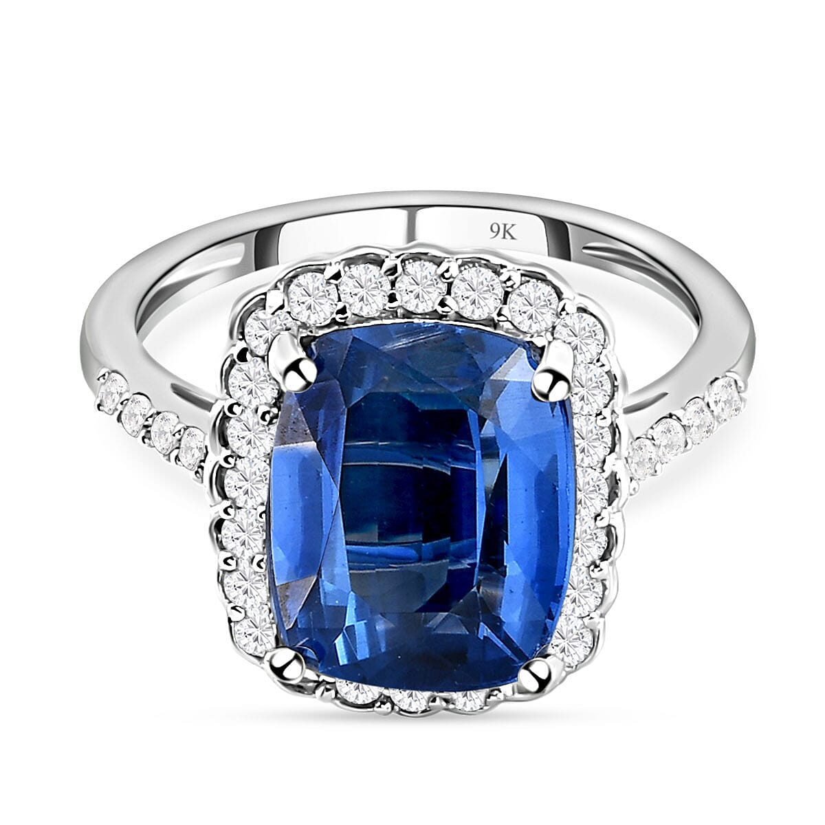 9K White Gold Natural Kyanite and Natural Zircon Halo Ring 5.67 Ct.