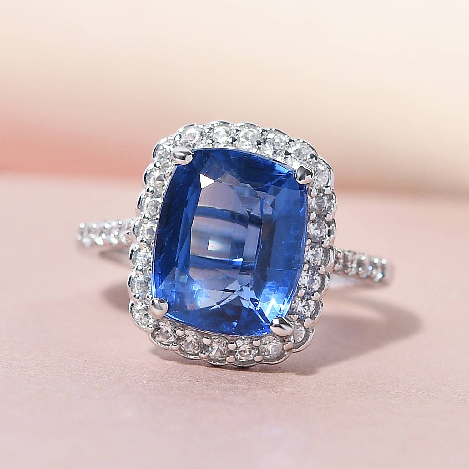 9K White Gold Natural Kyanite and Natural Zircon Halo Ring 5.67 Ct.
