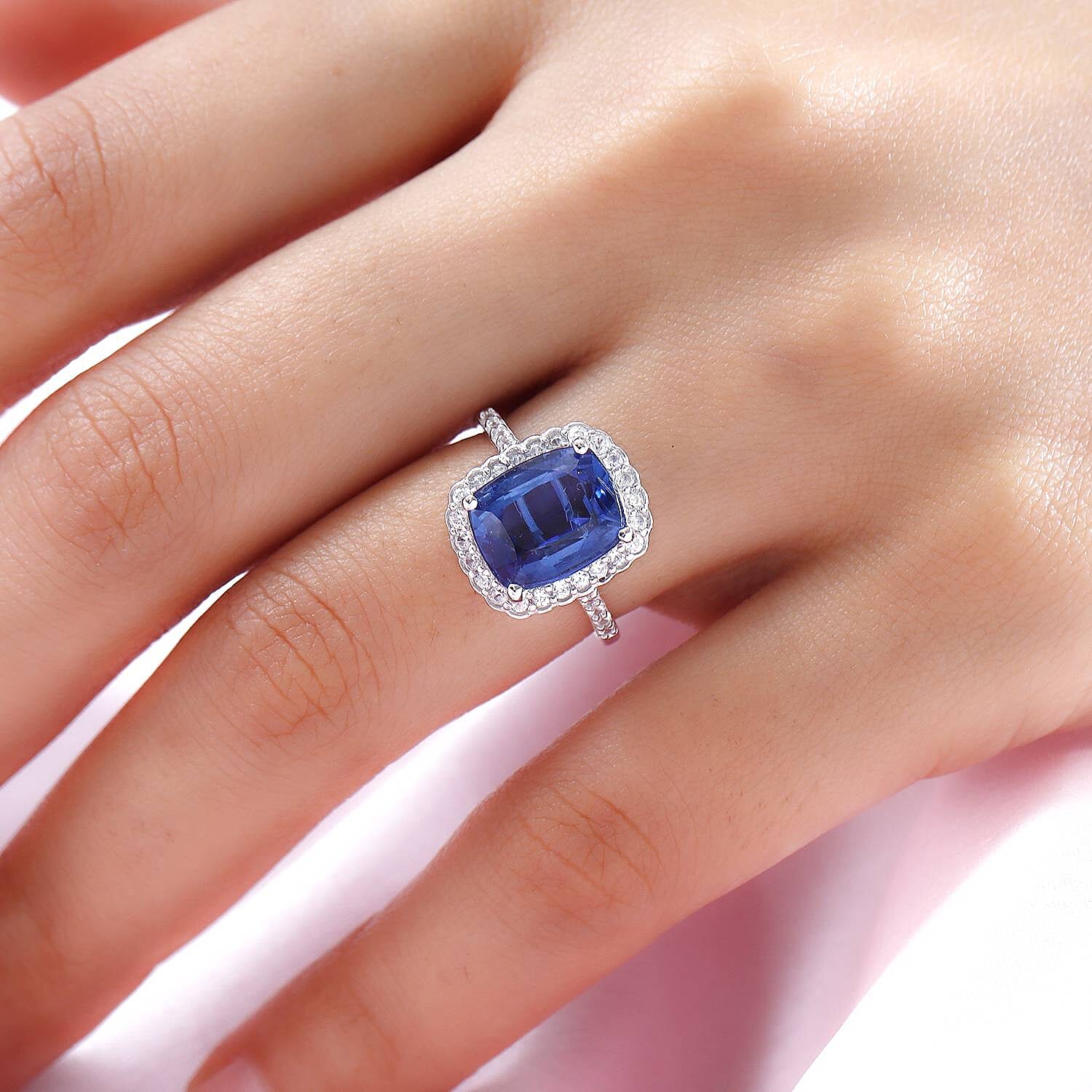 9K White Gold Natural Kyanite and Natural Zircon Halo Ring 5.67 Ct.