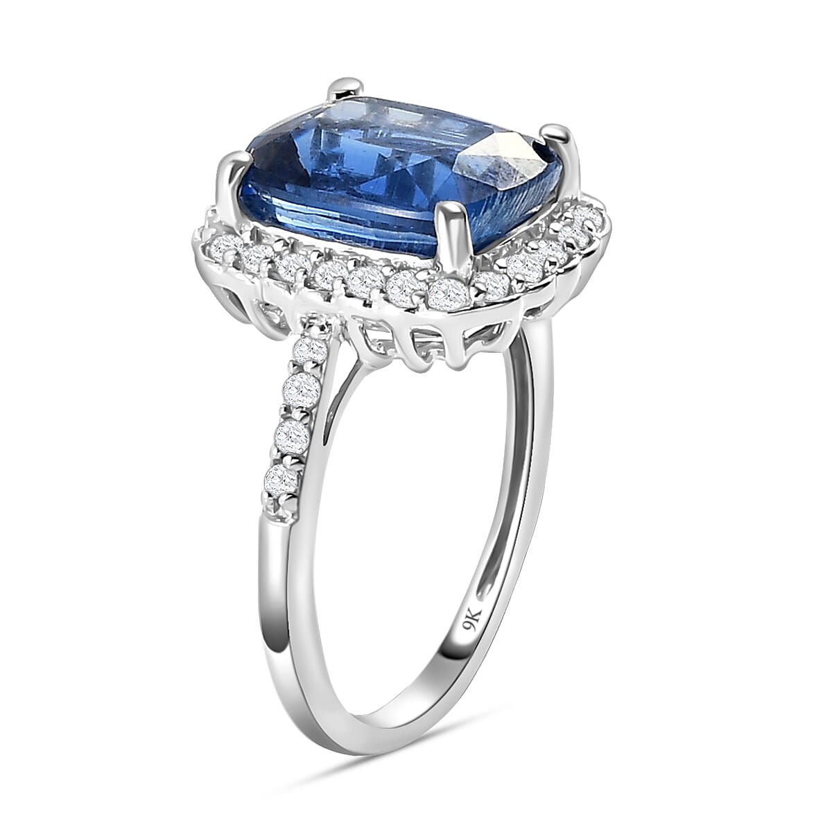 9K White Gold Natural Kyanite and Natural Zircon Halo Ring 5.67 Ct.
