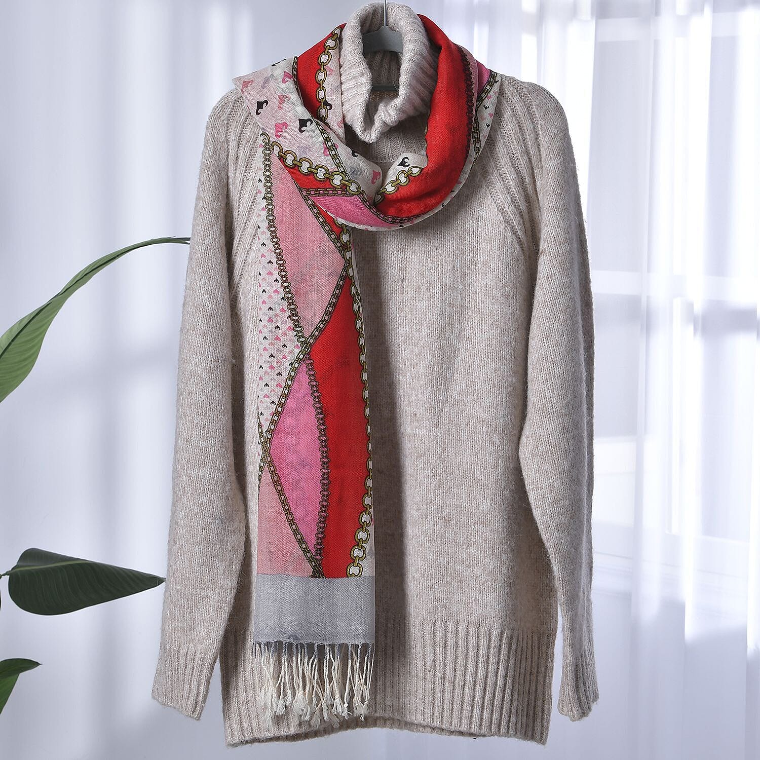 La Marey Merino 100% Merino Wool Patchwork and Chain Patterned Scarf (Size 175x66 cm ) - White & Multi