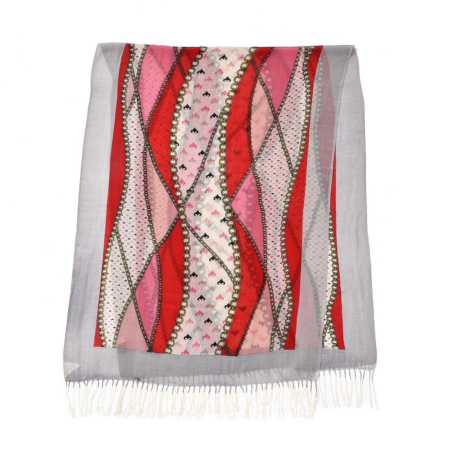 La Marey Merino 100% Merino Wool Patchwork and Chain Patterned Scarf (Size 175x66 cm ) - White & Multi