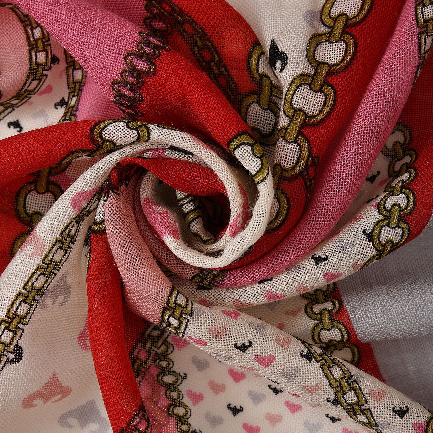 La Marey Merino 100% Merino Wool Patchwork and Chain Patterned Scarf (Size 175x66 cm ) - White & Multi