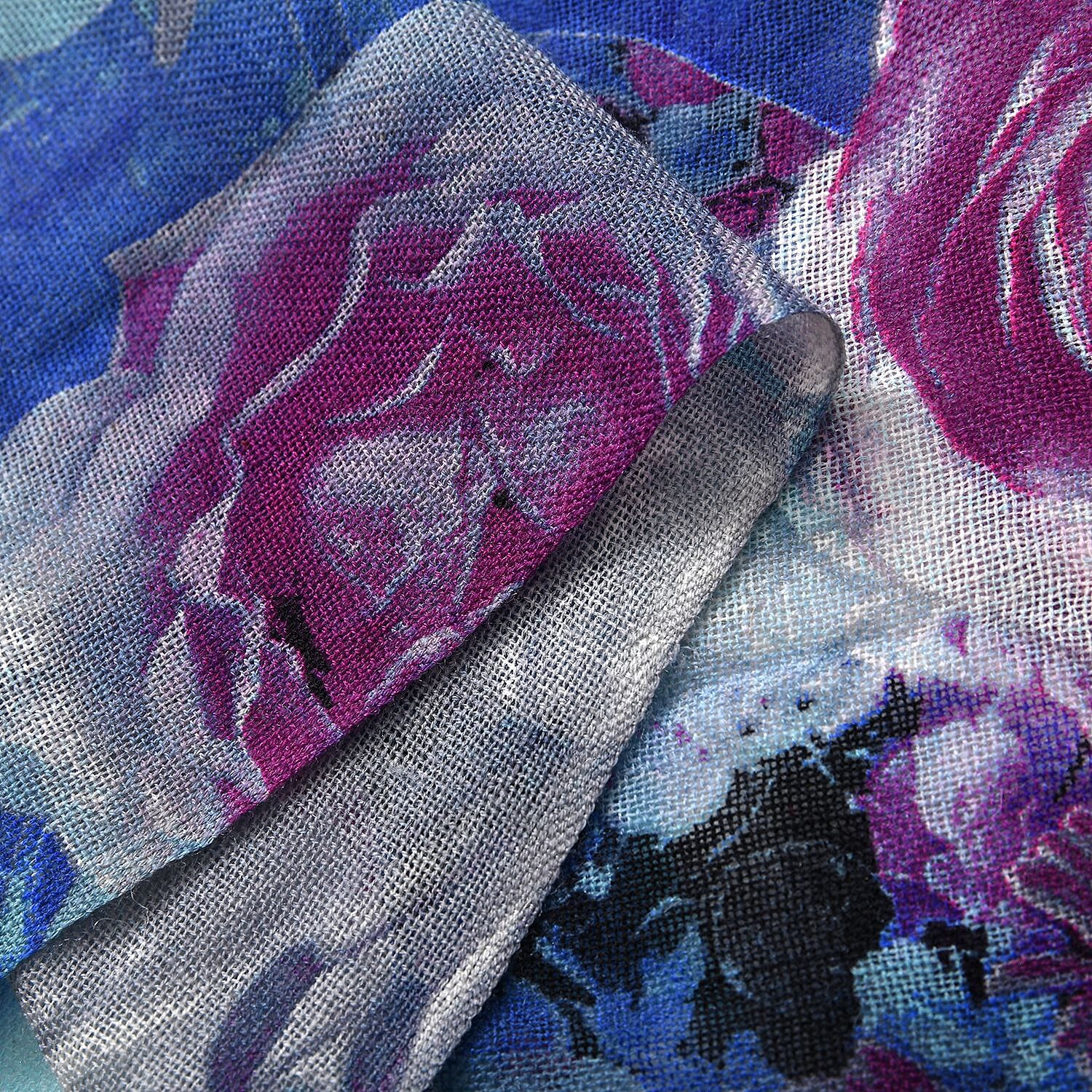 LA MAREY Merino Wool Flower Pattern Scarf - Light Blue