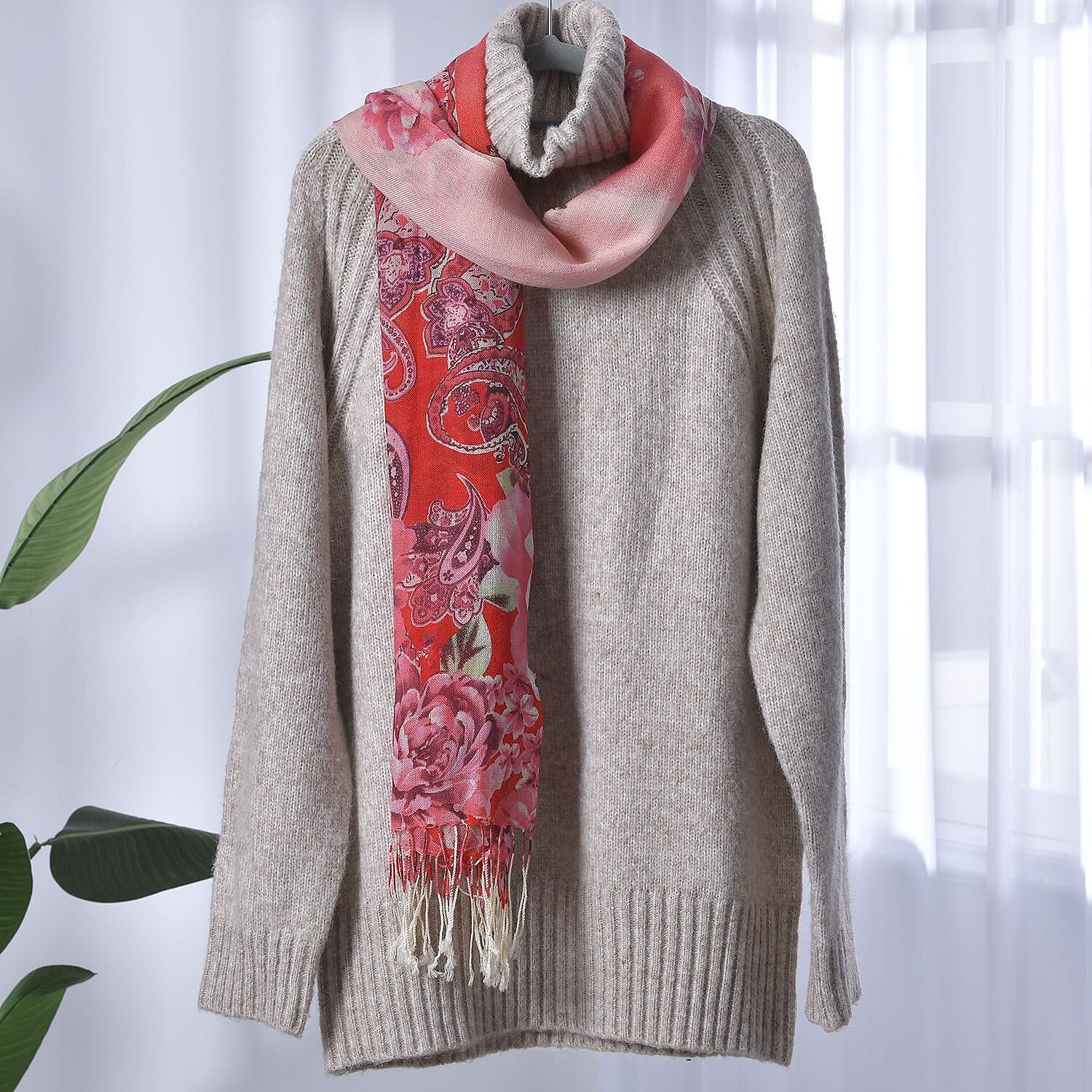 La Marey 100% Merino Wool Paisley and Peony Scarf (Size 175x66 Cm) - Red