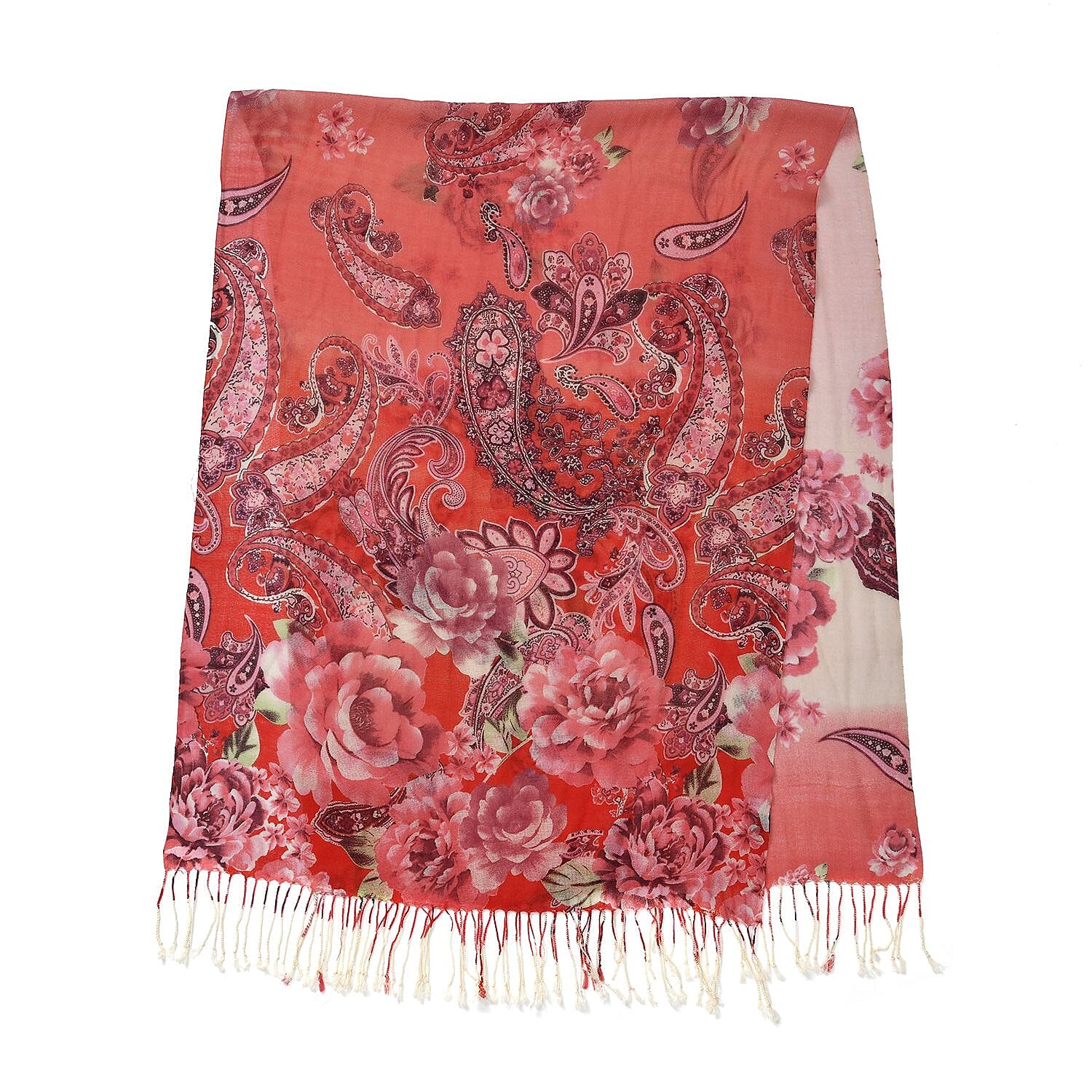 La Marey 100% Merino Wool Paisley and Peony Scarf (Size 175x66 Cm) - Red
