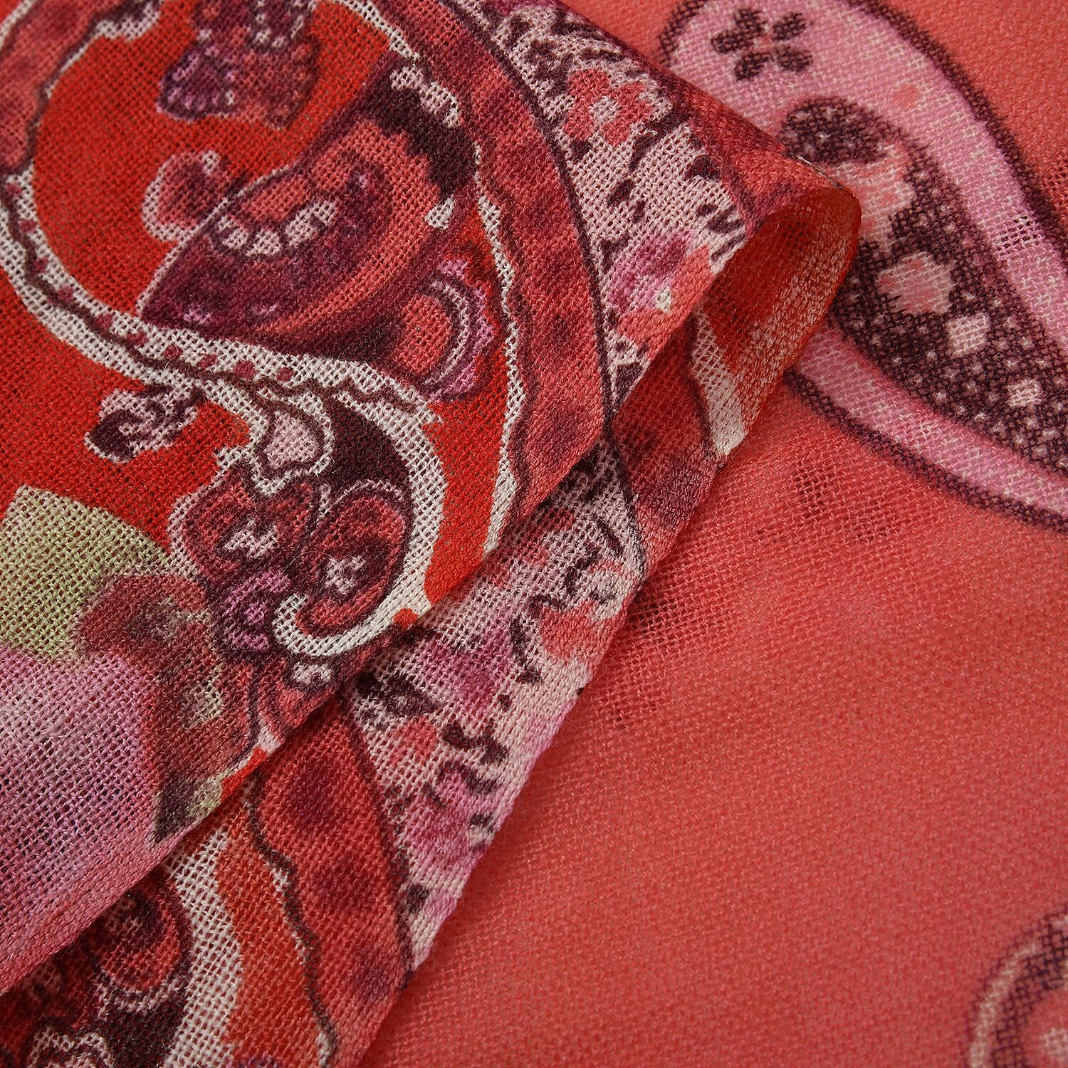 La Marey 100% Merino Wool Paisley and Peony Scarf (Size 175x66 Cm) - Red