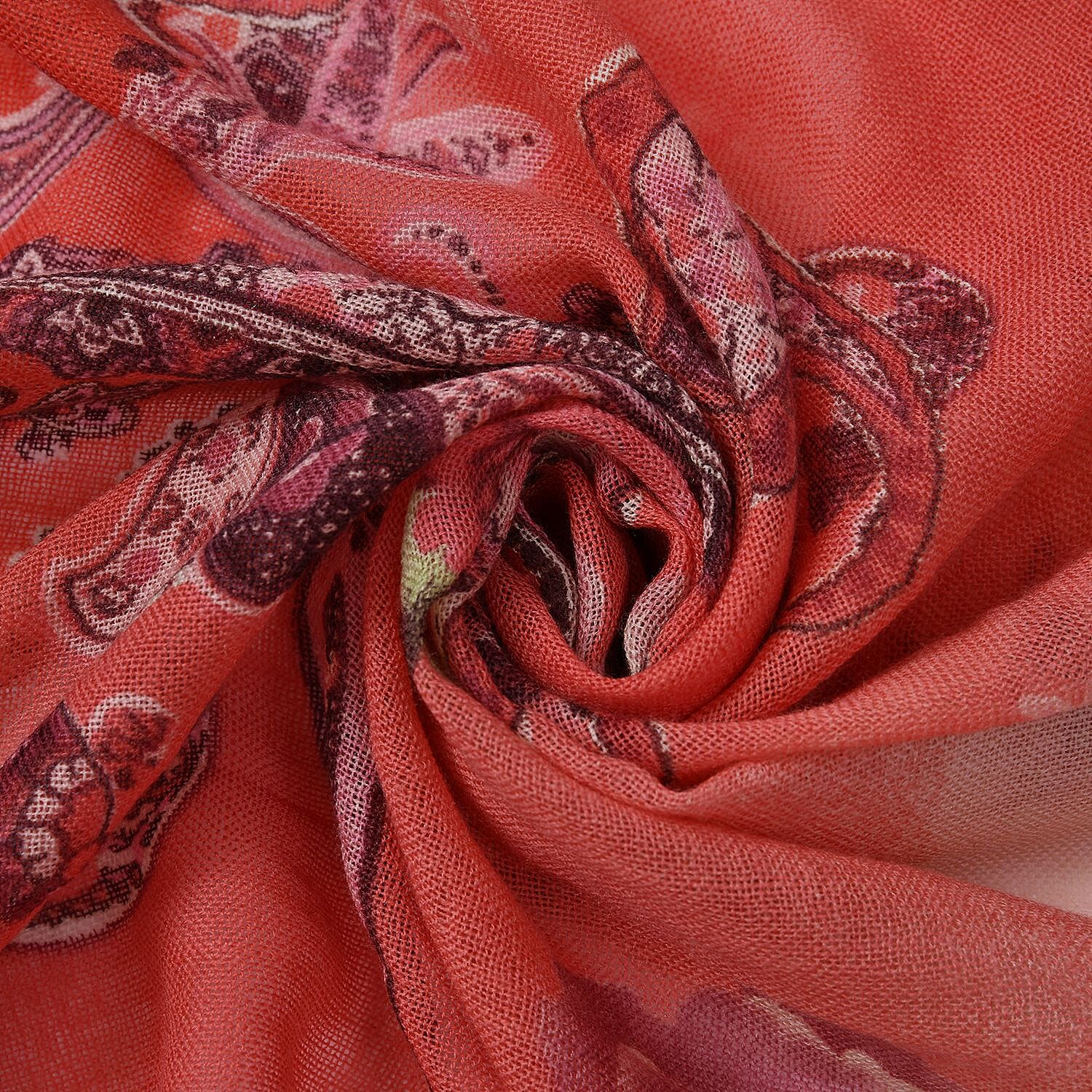 La Marey 100% Merino Wool Paisley and Peony Scarf (Size 175x66 Cm) - Red