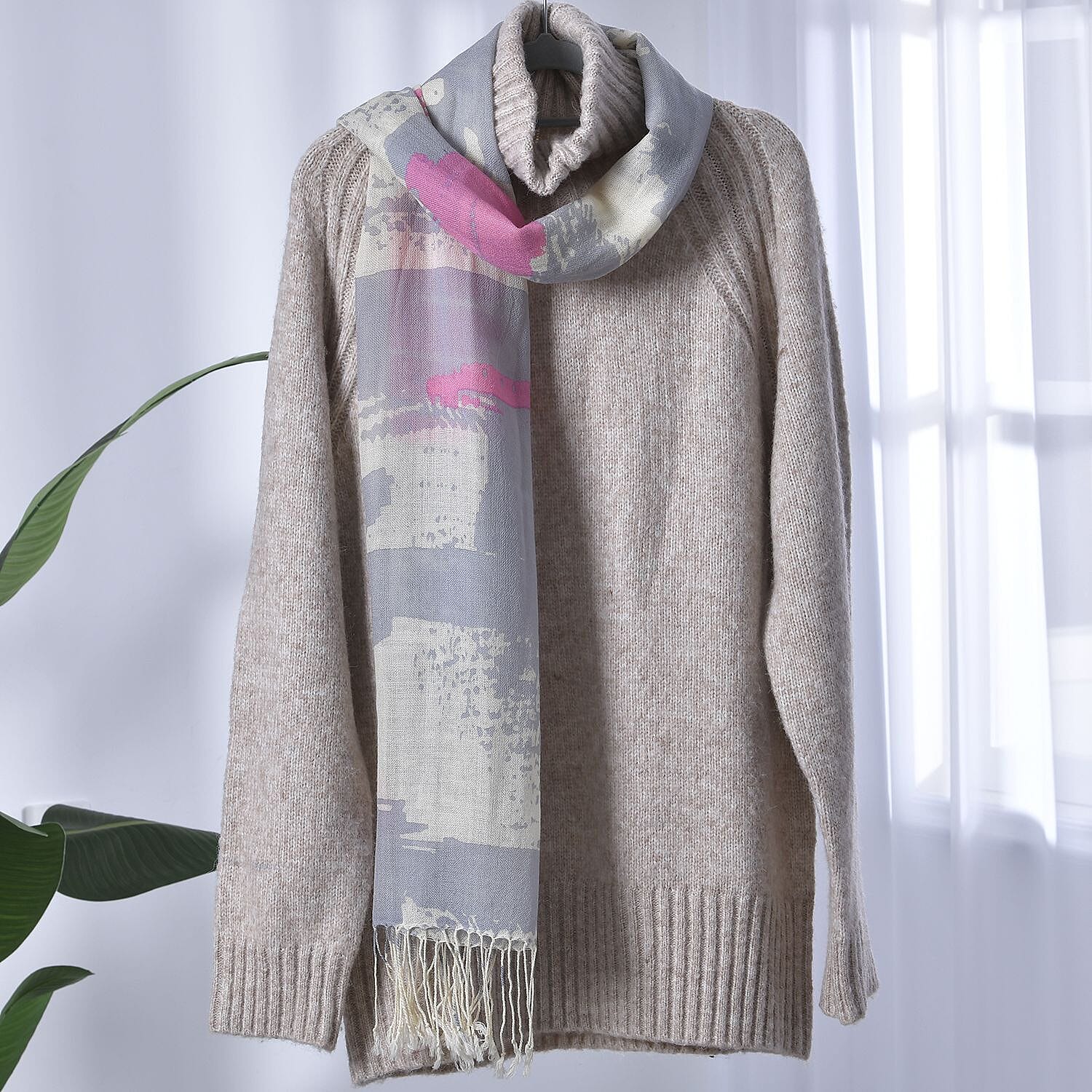 La Marey Merino Wool Patterned Scarf (Size 66x1 ) - Cream & Cream