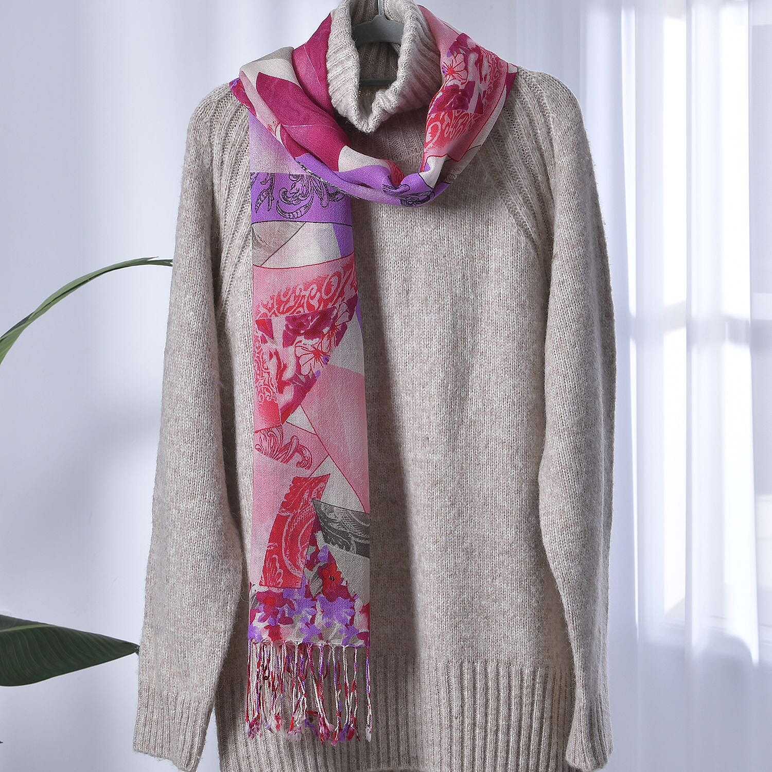 La Marey 100% Merino Wool Printed Scarf (Size 175x66 cm) - Fuchsia