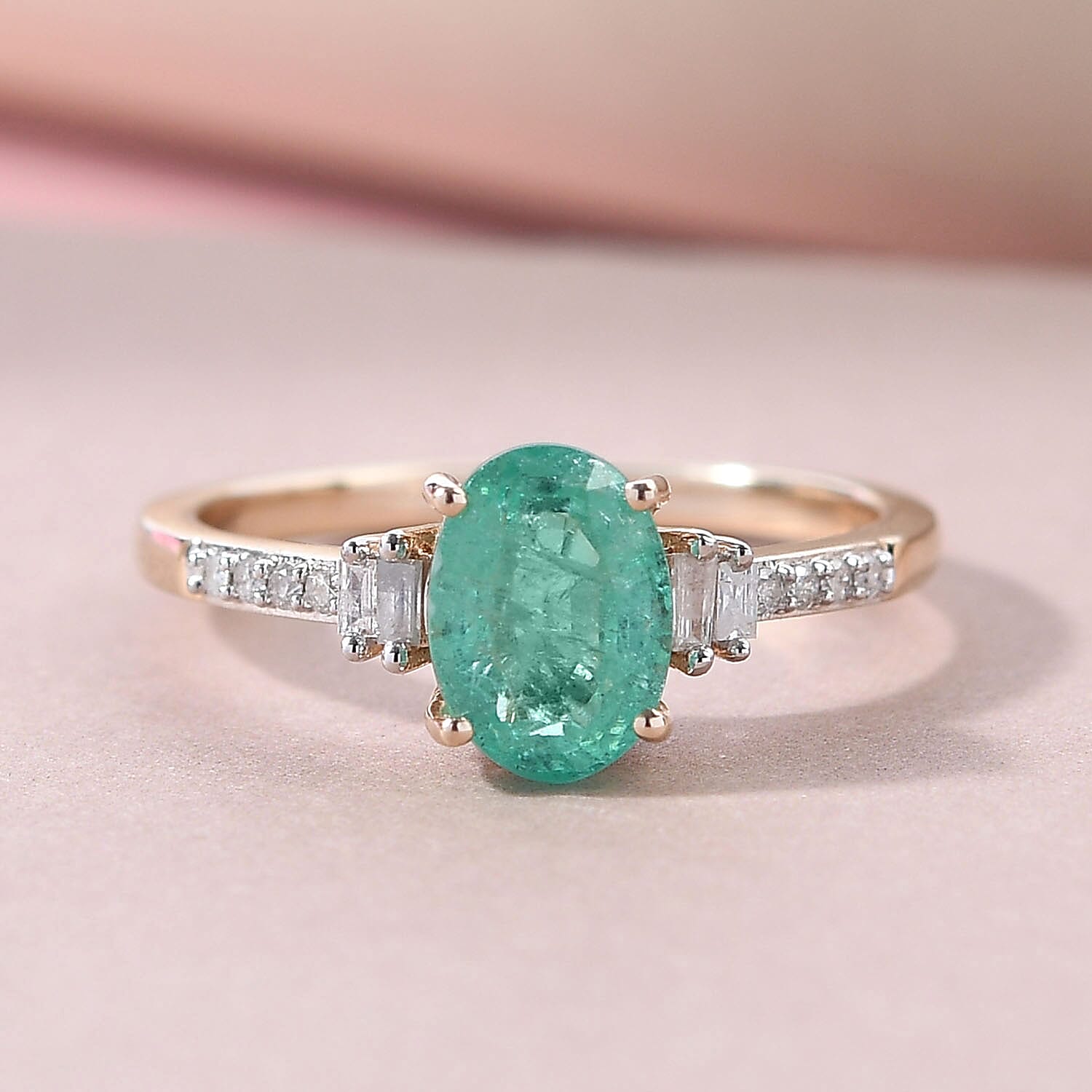 9K Yellow Gold Premium Emerald and Diamond Ring 1.11 Ct.