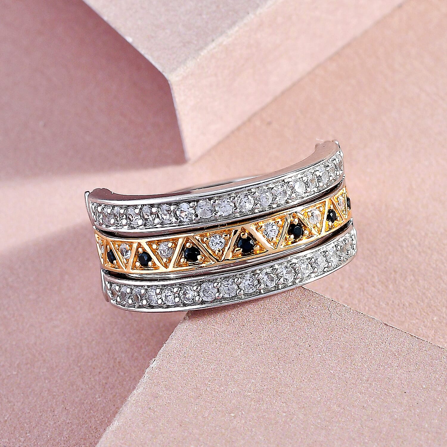 GP Art Deco Collection - Boi Ploi Black Spinel and Natural Zircon Interchangeable Ring in Platinum, Vermeil Yellow and Rose Gold Plated Sterling Silver