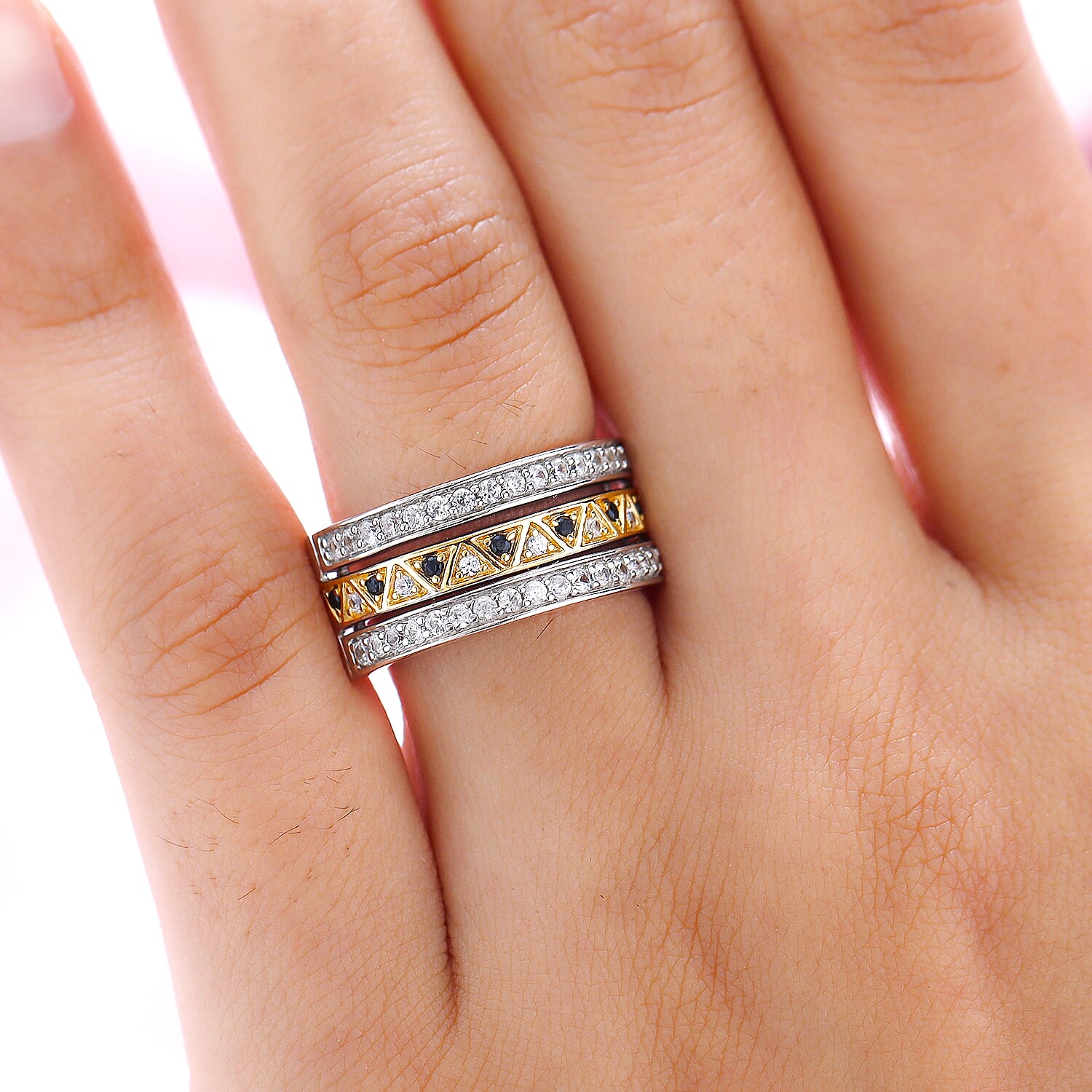 GP Art Deco Collection - Boi Ploi Black Spinel and Natural Zircon Interchangeable Ring in Platinum, Vermeil Yellow and Rose Gold Plated Sterling Silver