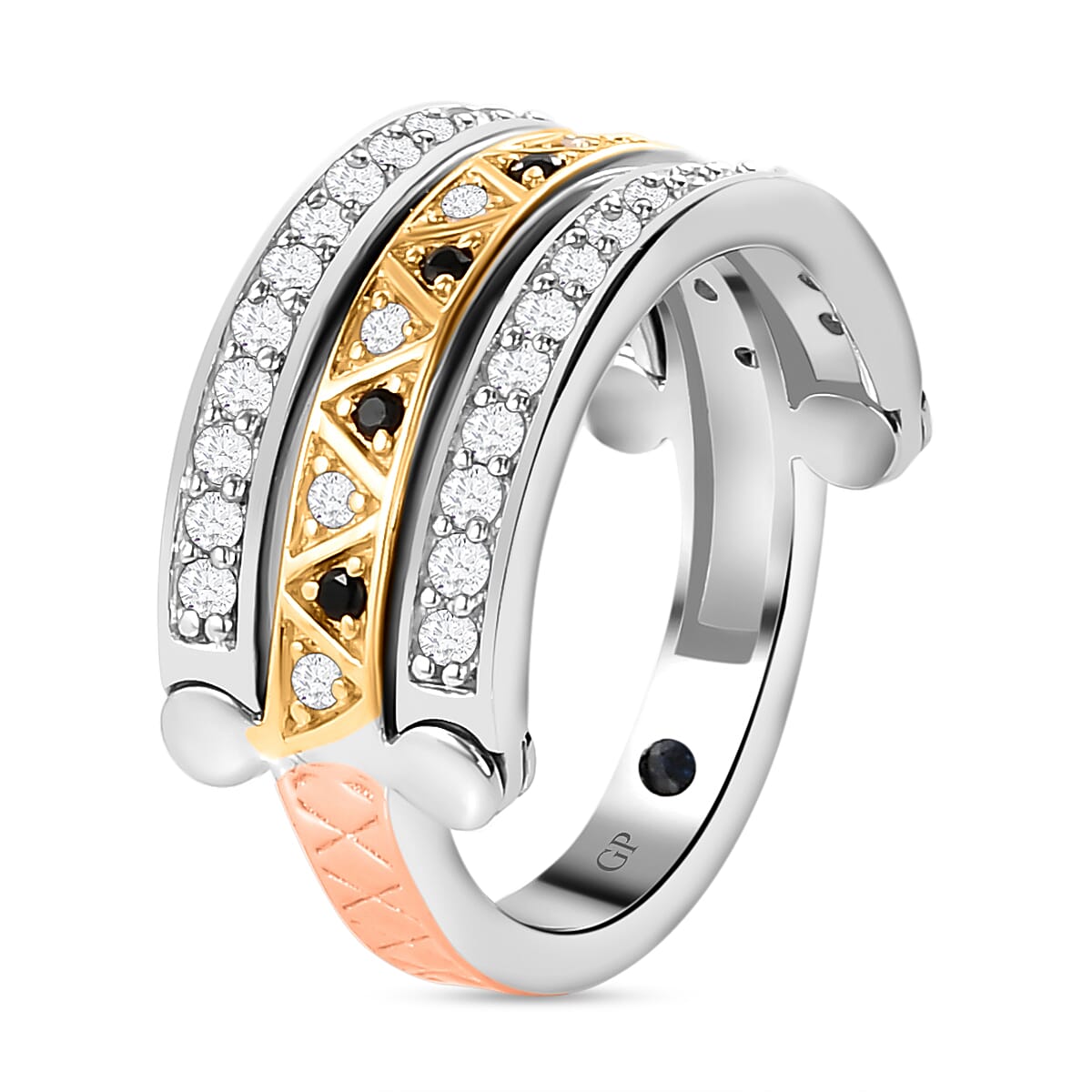 GP Art Deco Collection - Boi Ploi Black Spinel and Natural Zircon Interchangeable Ring in Platinum, Vermeil Yellow and Rose Gold Plated Sterling Silver