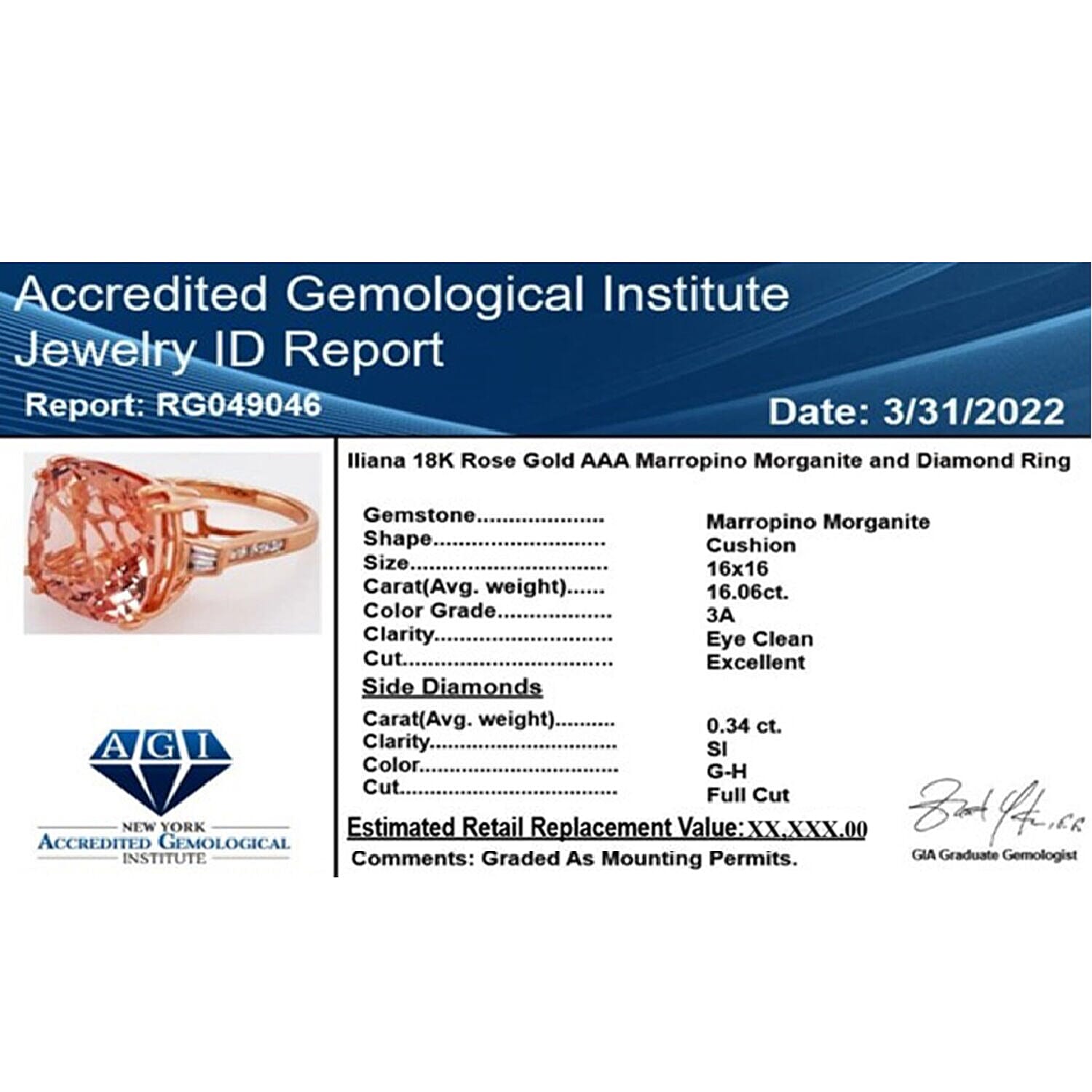 Certified and Appraised ILIANA 18K Rose Gold AAA Morganite and Diamond (SI-G-H) Ring 16.40 Ct, Gold Wt. 5.65 Gms