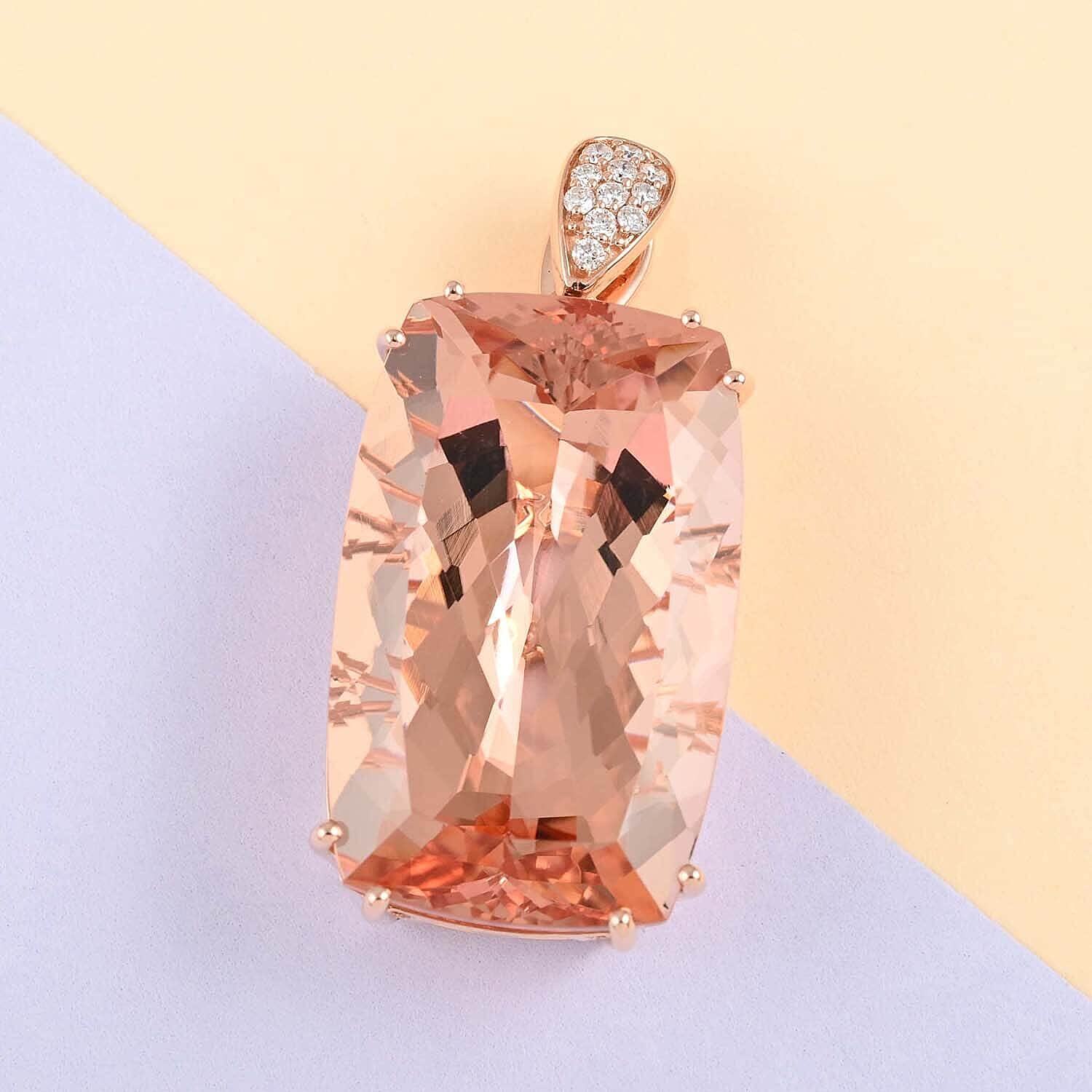 18K Rose Gold  AAA   Morganite ,  White Diamond  Solitaire Pendant 39.25 ct,  Gold Wt. 4.86 Gms  39.250  Ct.