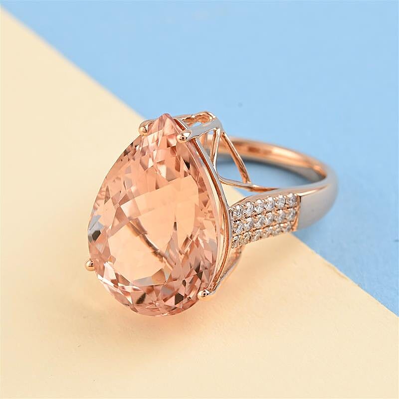 18K Rose Gold  AAA   Morganite ,  White Diamond  Solitaire Ring 12.00 ct,  Gold Wt. 6.14 Gms  12.000  Ct.