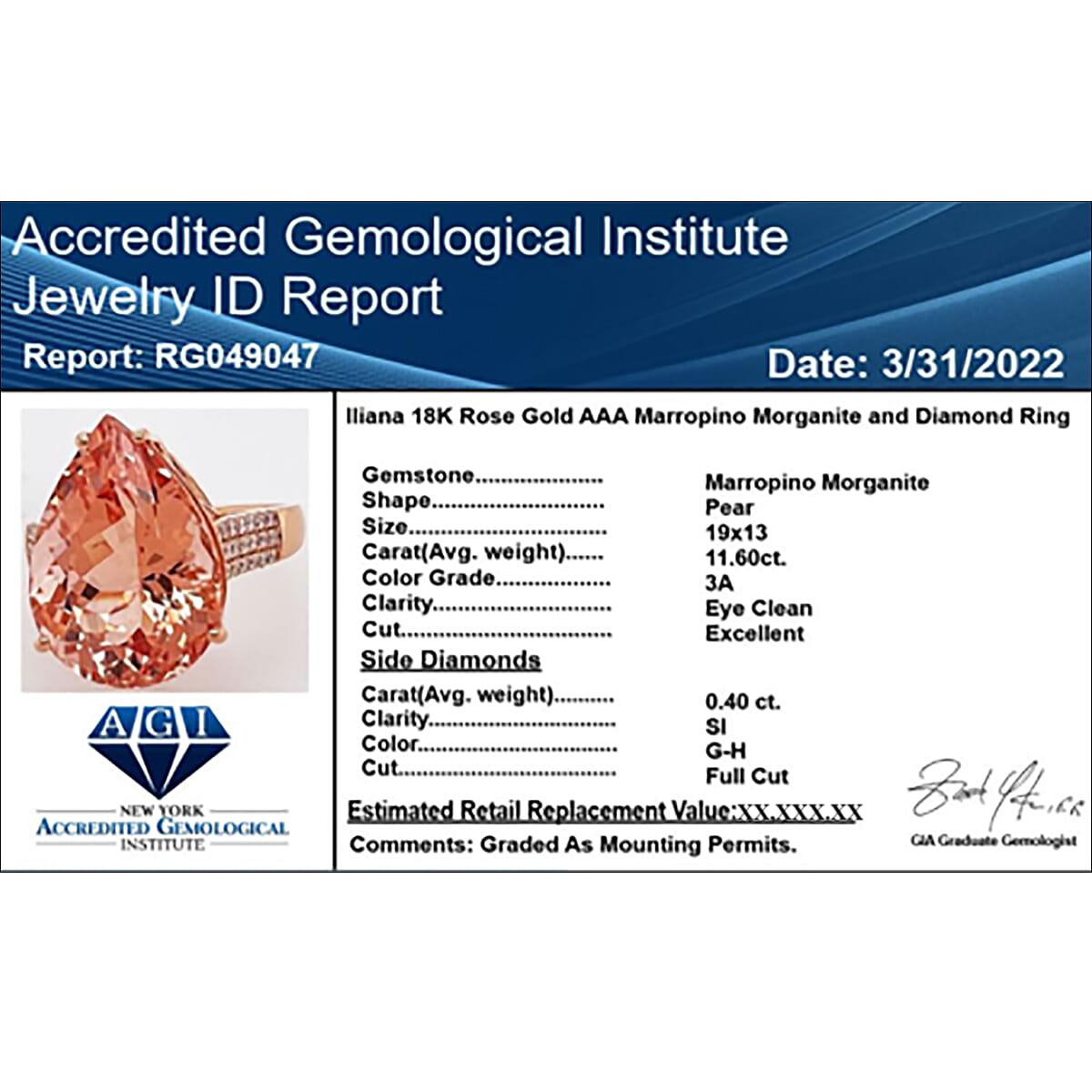 18K Rose Gold  AAA   Morganite ,  White Diamond  Solitaire Ring 12.00 ct,  Gold Wt. 6.14 Gms  12.000  Ct.