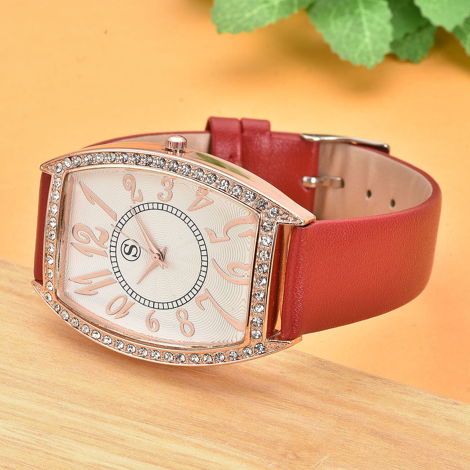 STRADA Japanese Movement White Crystal Studded Water Resistant Watch with Red Colour Strap