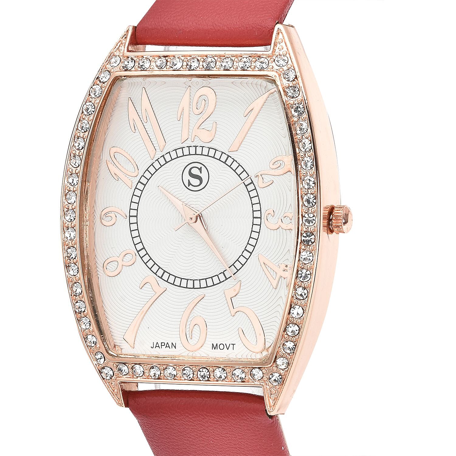 STRADA Japanese Movement White Crystal Studded Water Resistant Watch with Red Colour Strap
