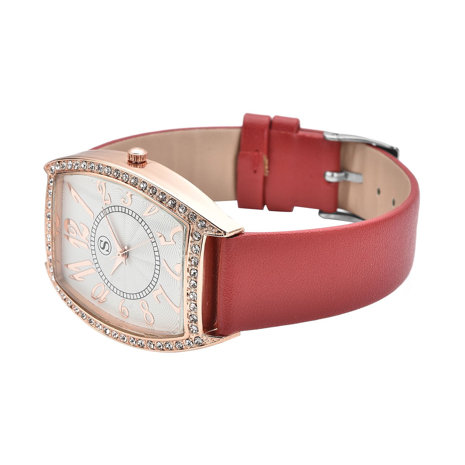 STRADA Japanese Movement White Crystal Studded Water Resistant Watch with Red Colour Strap