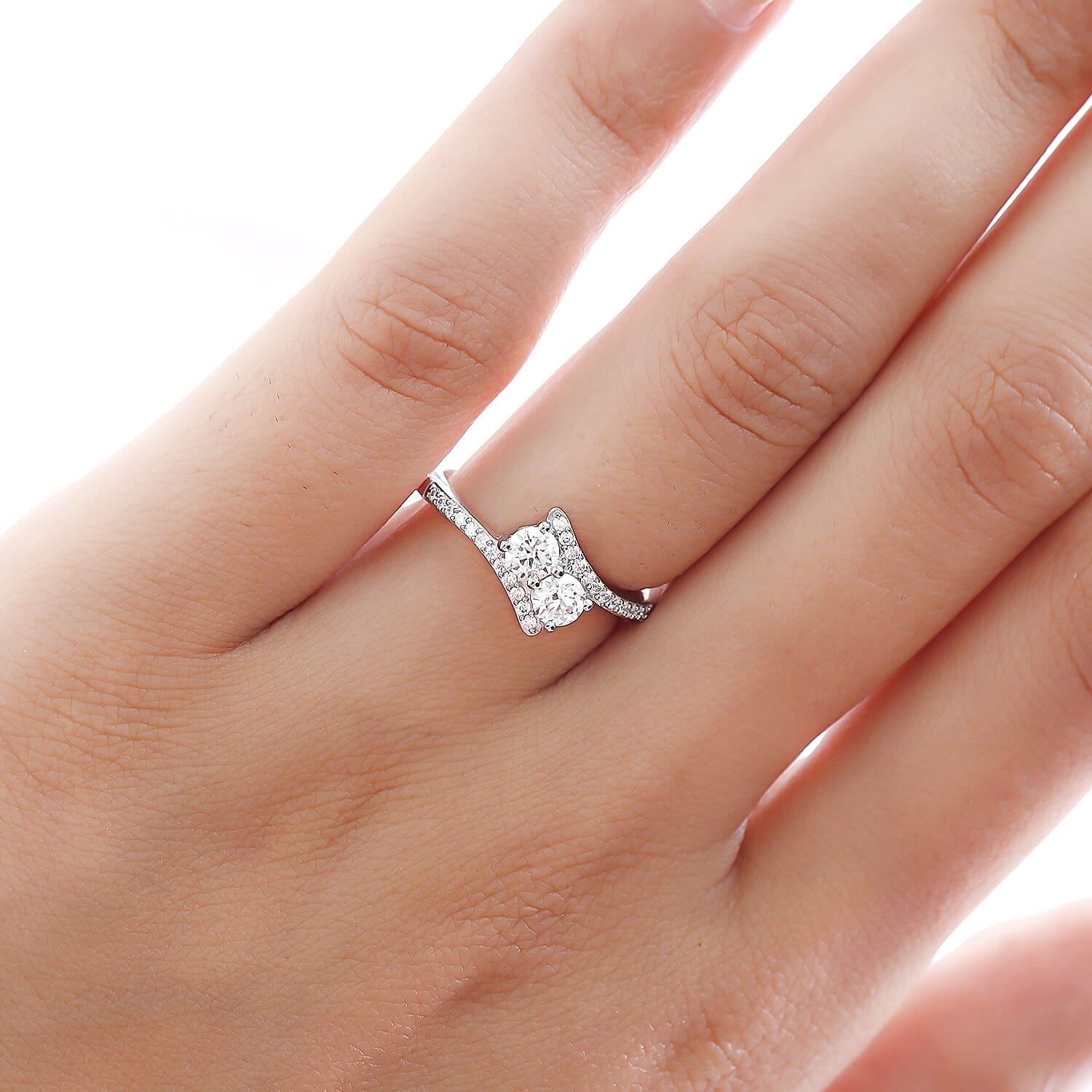 Moissanite Bypass Ring in Platinum Overlay Sterling Silver