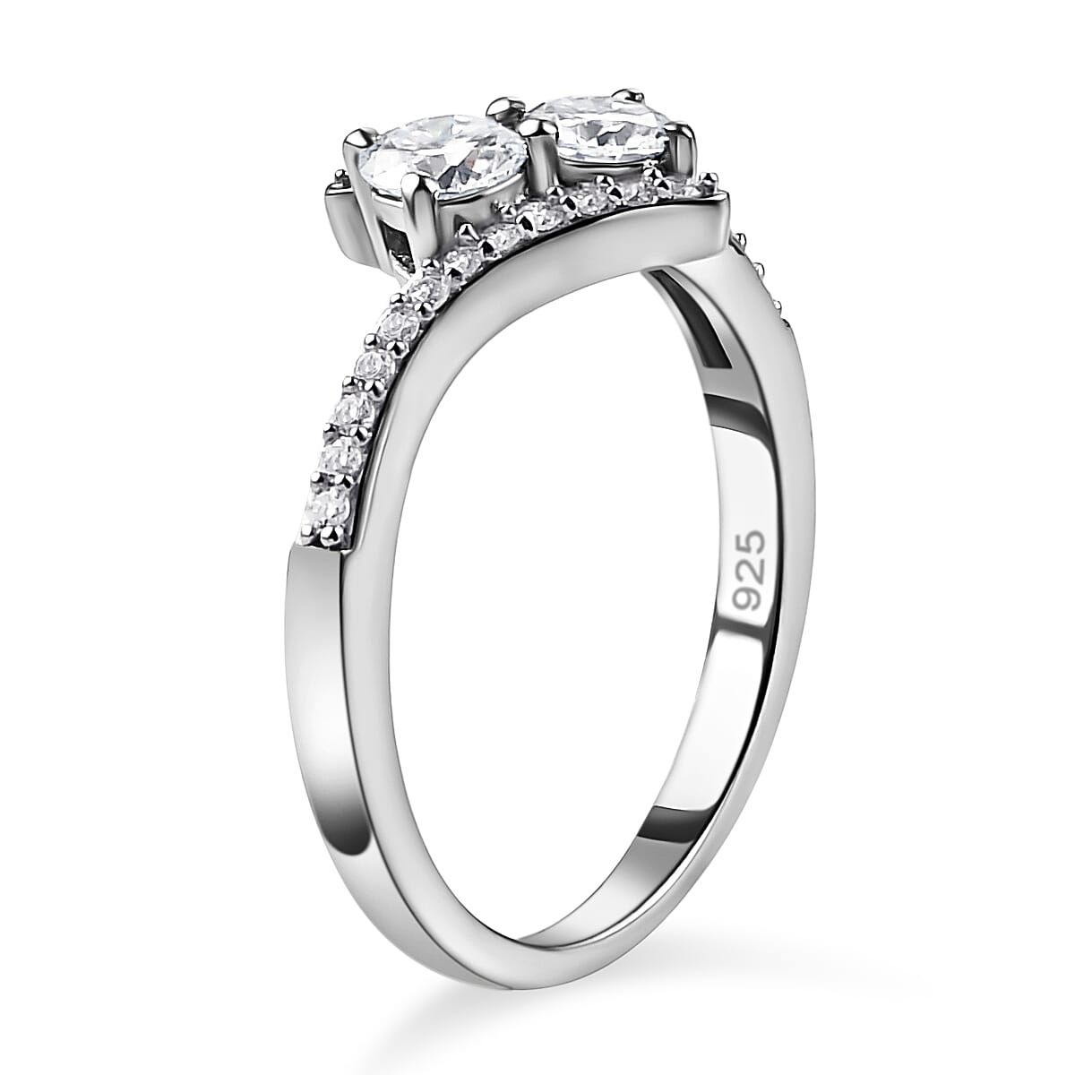 Moissanite Bypass Ring in Platinum Overlay Sterling Silver