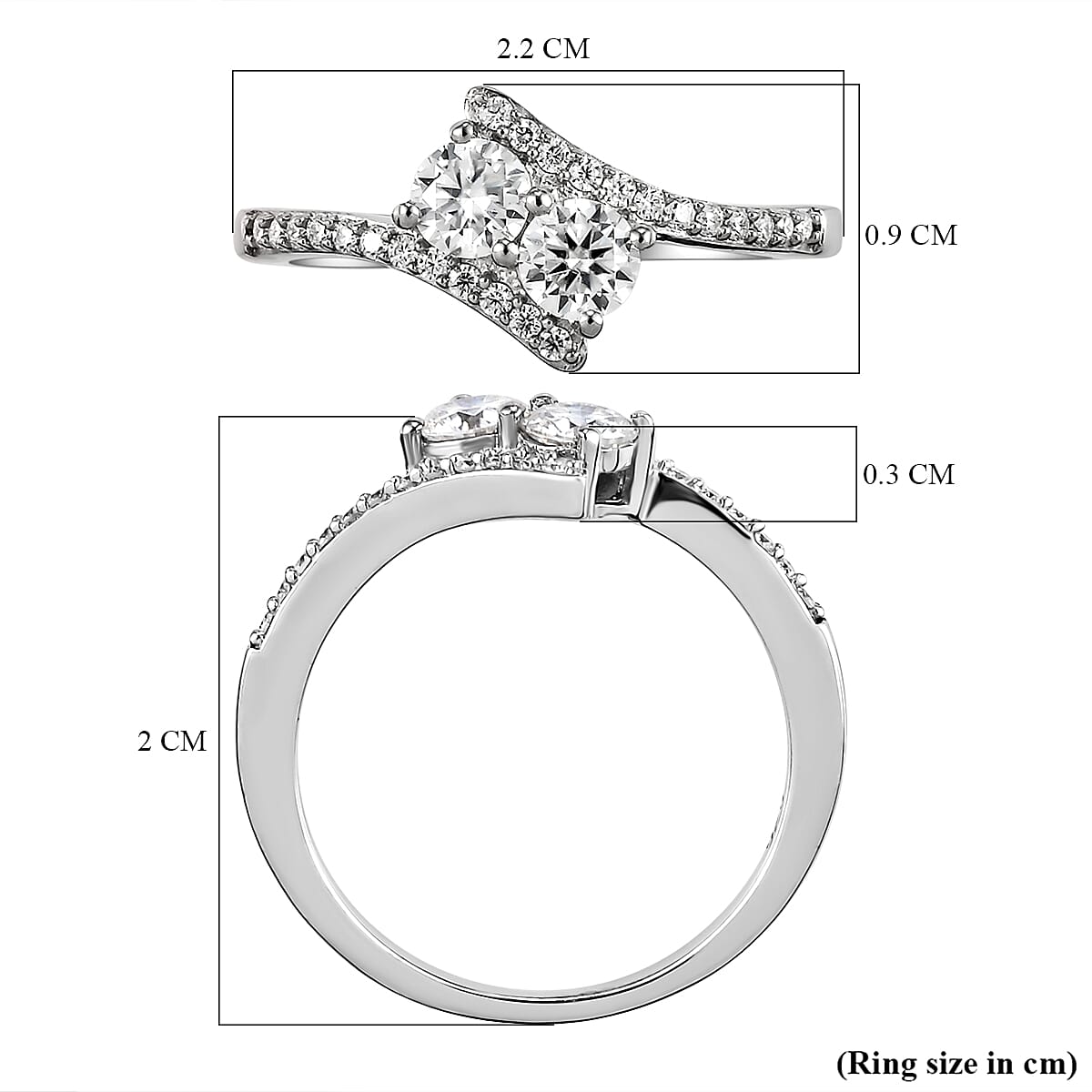 Moissanite Bypass Ring in Platinum Overlay Sterling Silver